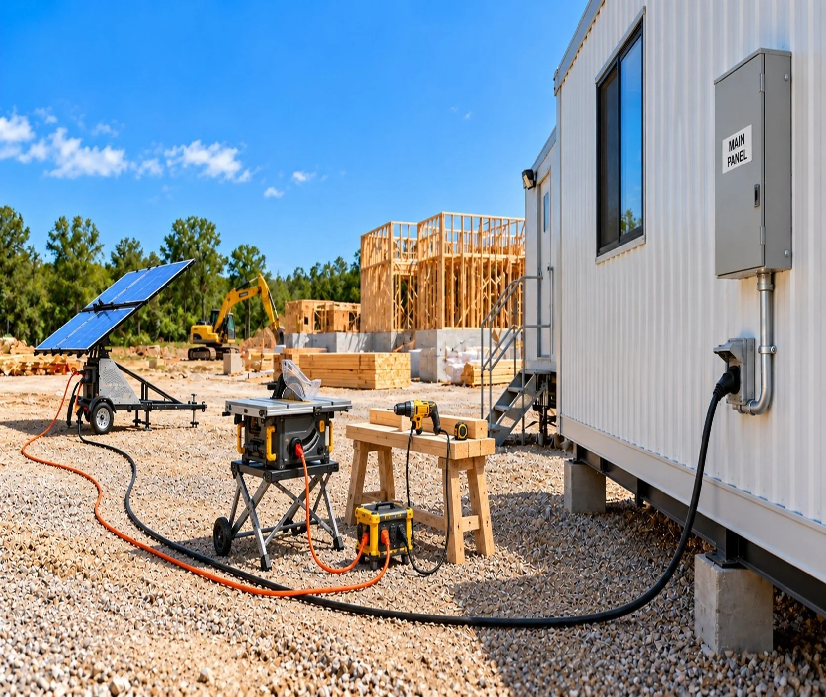 Construction site with building framework, solar panel, tools, and electrical box.