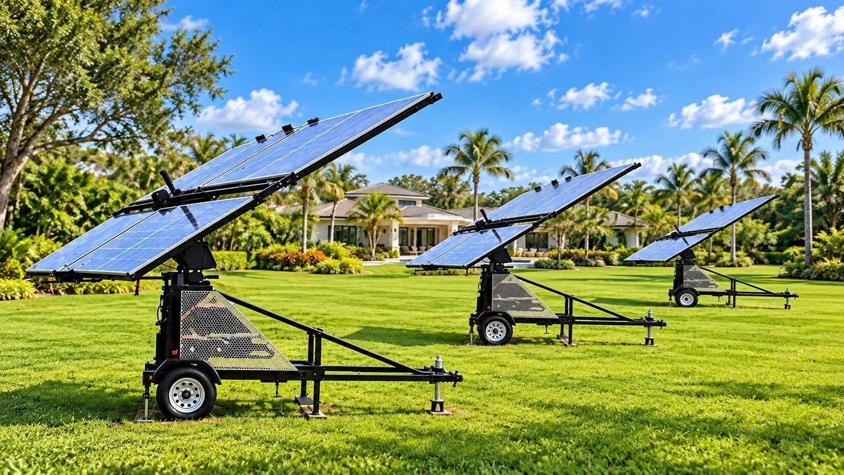Three mobile solar panel arrays on grassy lawn with trees and a house in the background under a blue sky with clouds.