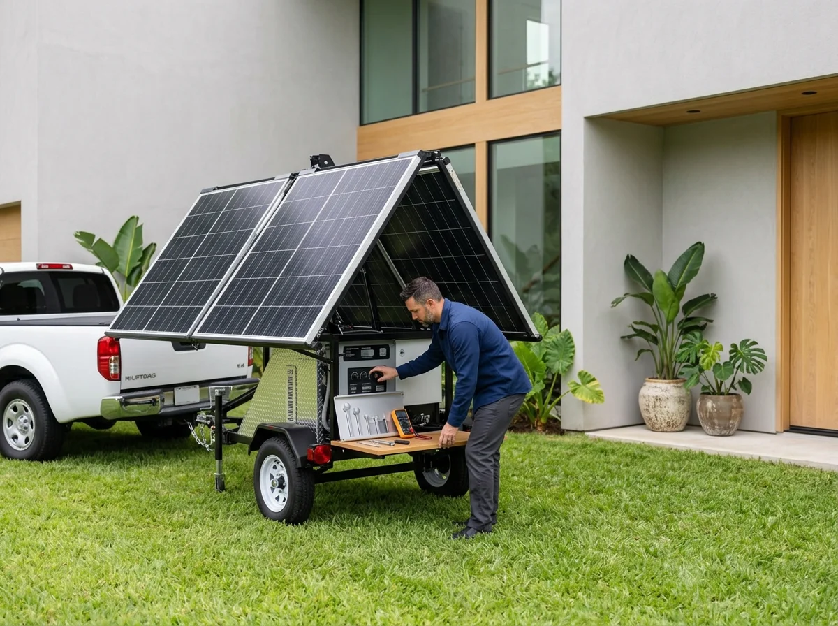 A man in a blue jacket working with a portable solar power station setup on a trailer with solar panels, outside a modern house with potted plants and a white pickup truck nearby.