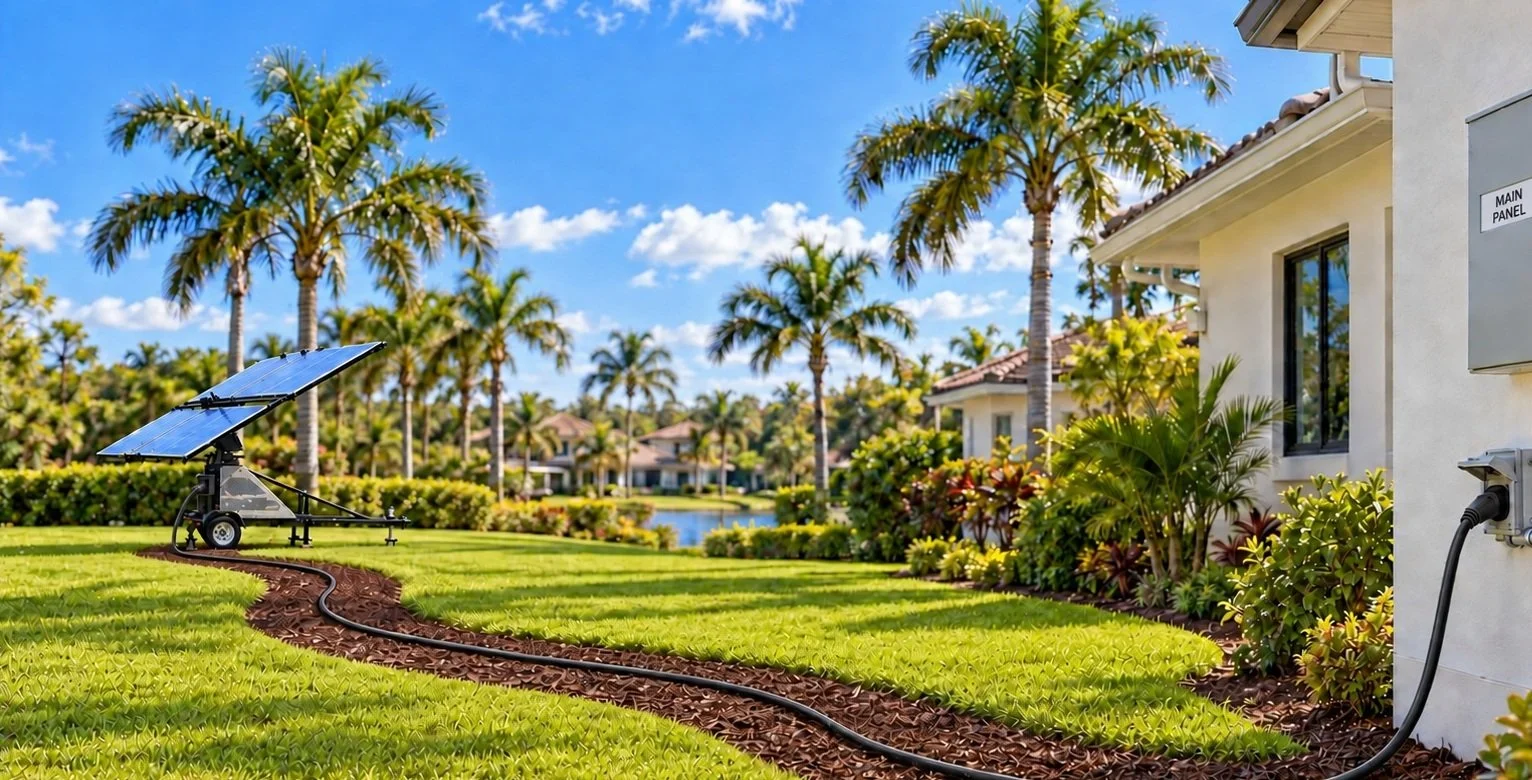 Residential backyard with green grass, palm trees, a reservoir, and a white house with a gray wall and an electric plug connected to a solar-powered irrigation system.