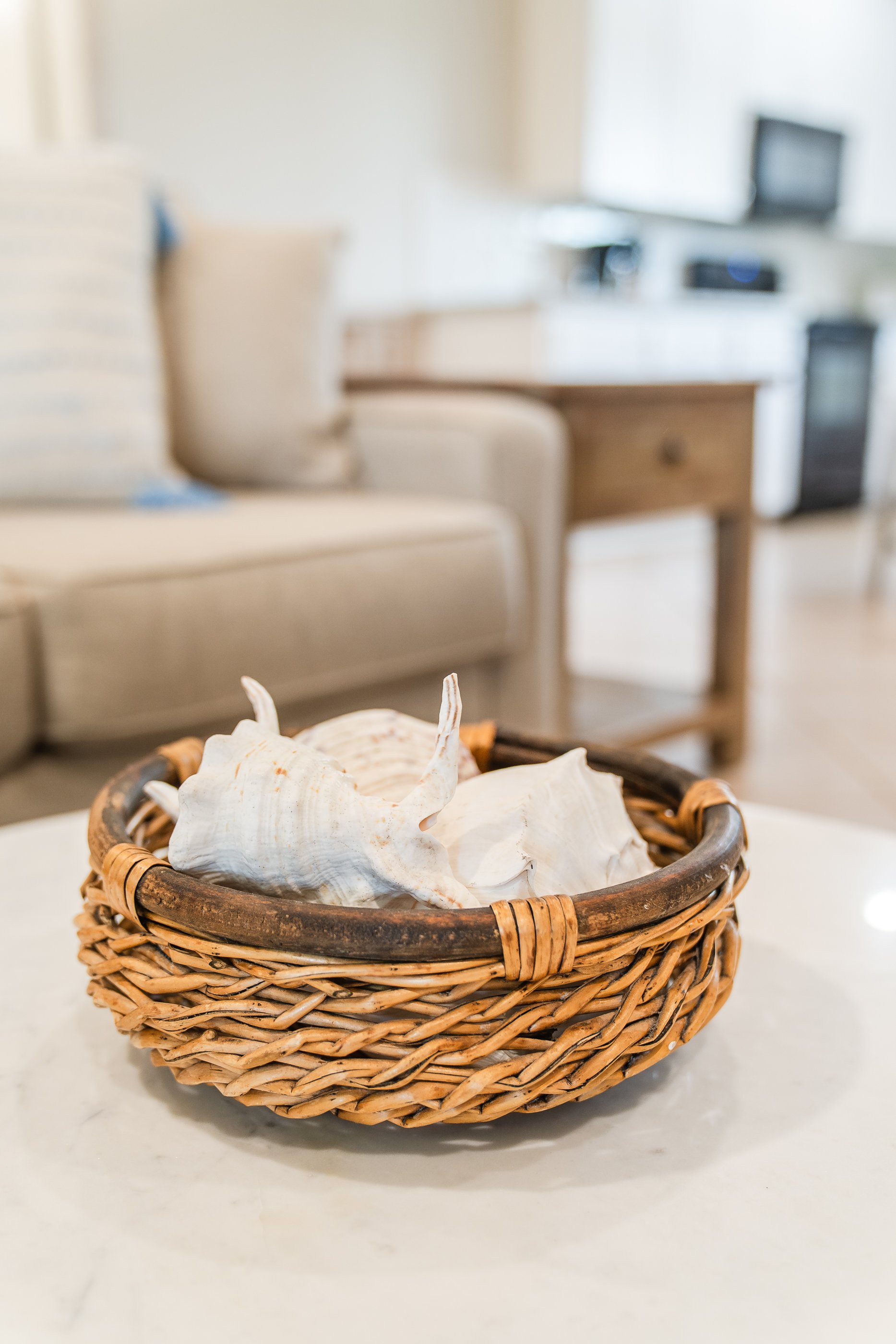 A woven basket with large white seashells on a white table in a bright living room.