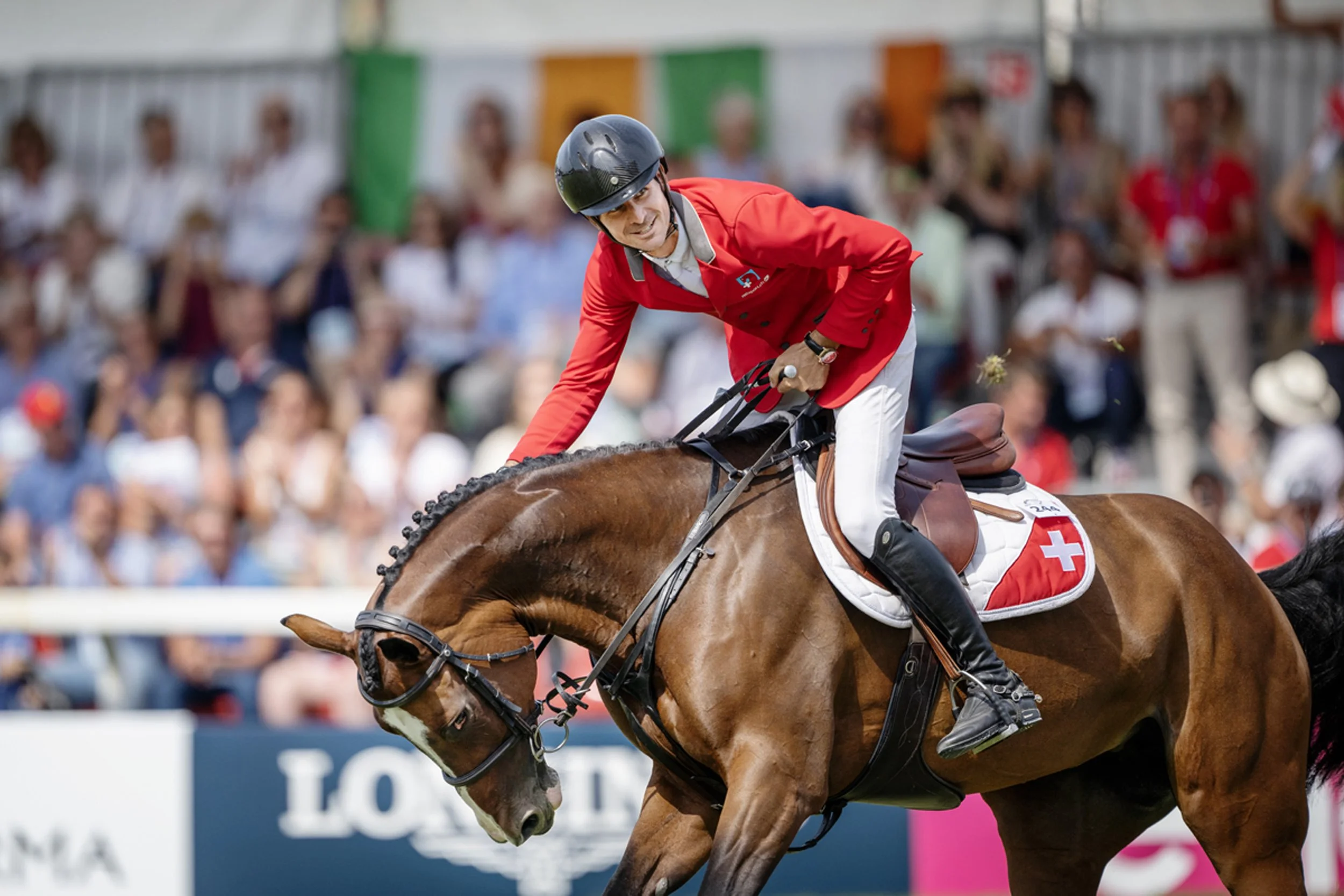 Steve Guerdat ser upp mot resultatlistan och förstår att han vunnit det individuella EM-guldet. Ekipaget Guerdat och Dynamix de Belheme har imponerat från början till slut under EM i Milano. De har inte rivit ett enda hinder.