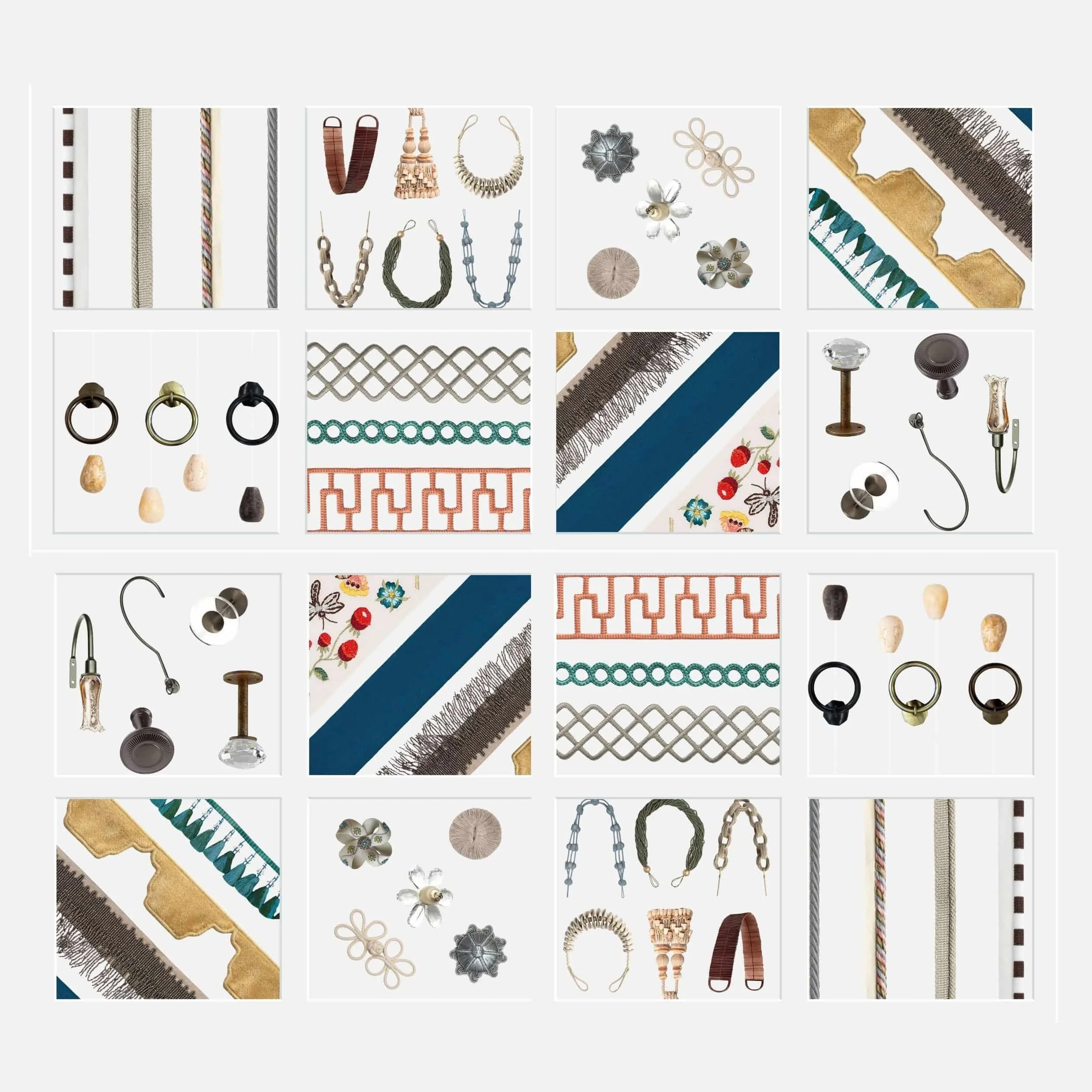 Custom window treatment embellishment examples such as trims and operating hardware finishes