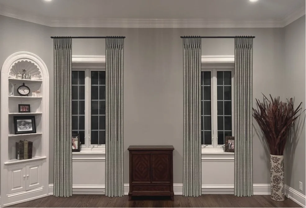 A photo of a client's living room with custom drapes superimposed on top in a rendering to show design suggestions