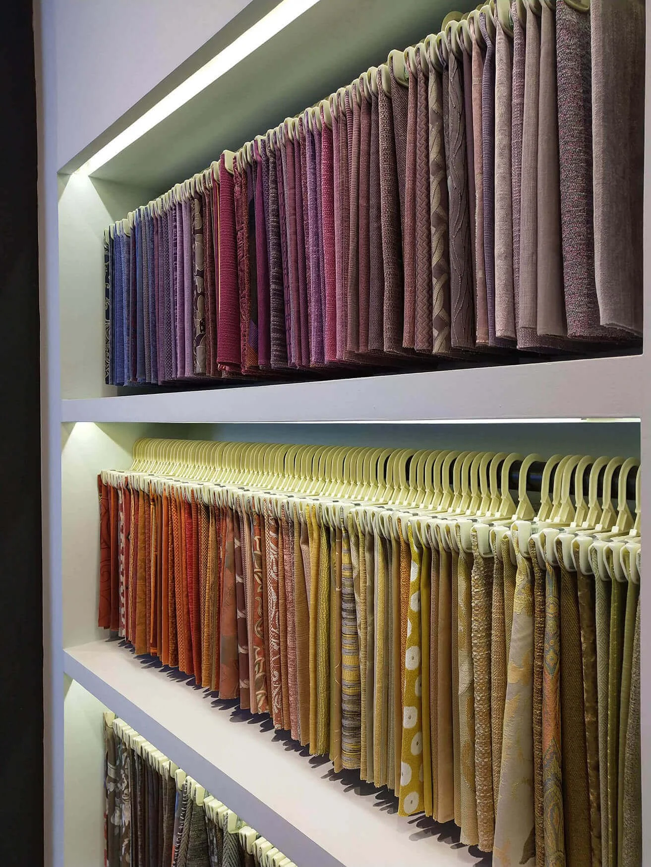 Hanging fabric samples available for custom drapery projects
