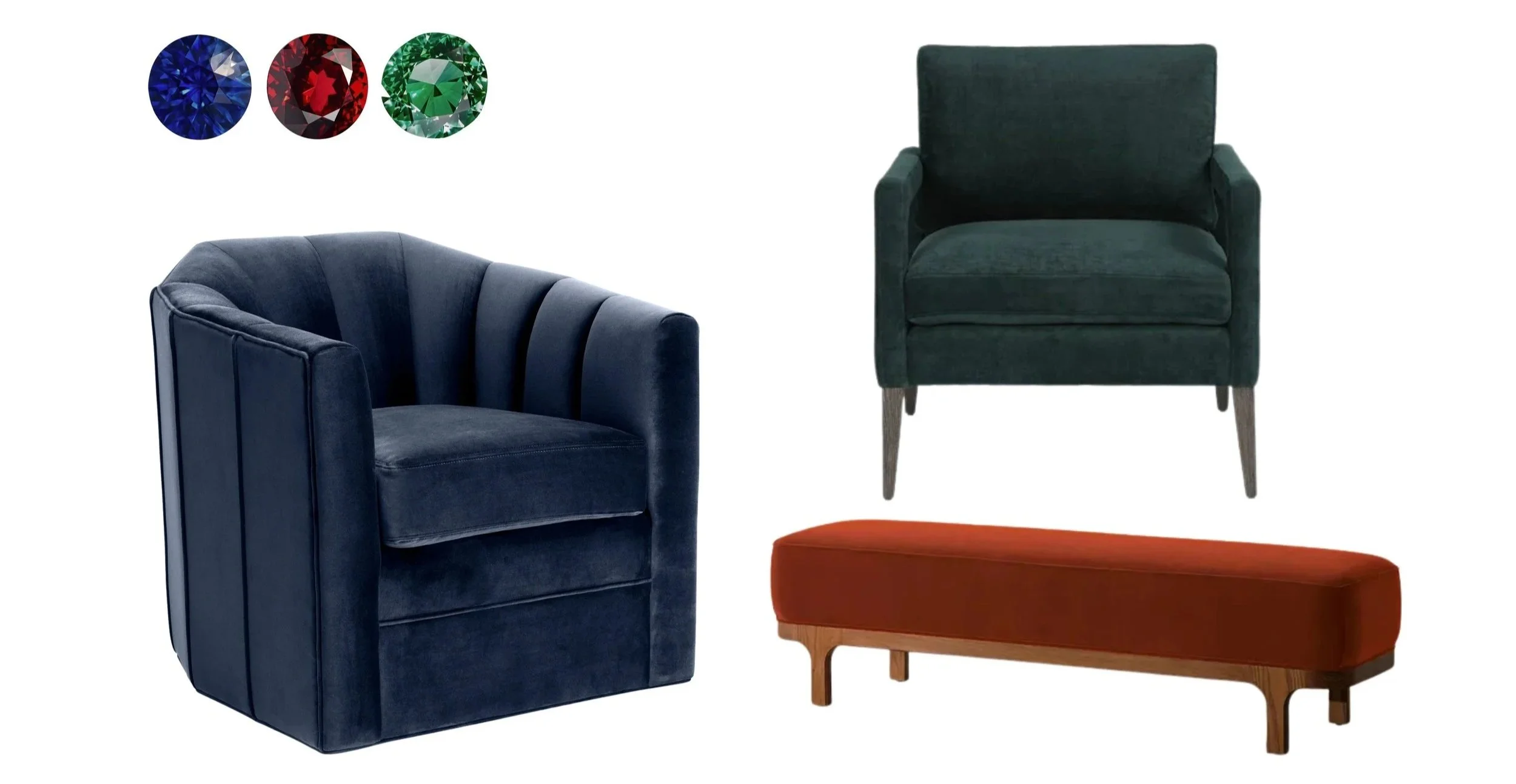 Designer chairs and ottoman in jewel tones - a 2026 trending color scheme