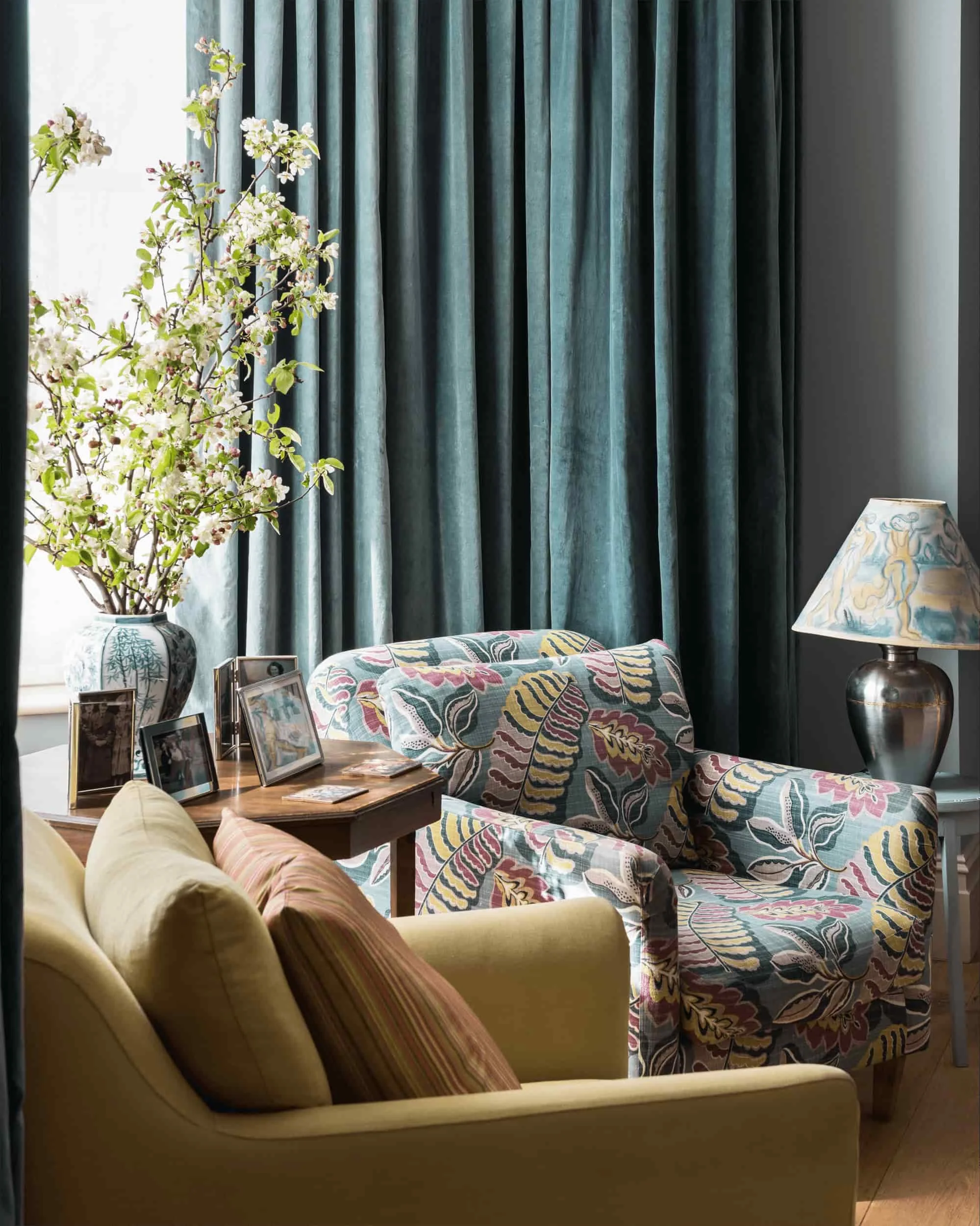 Teal chenille custom drapes with custom print upholstery