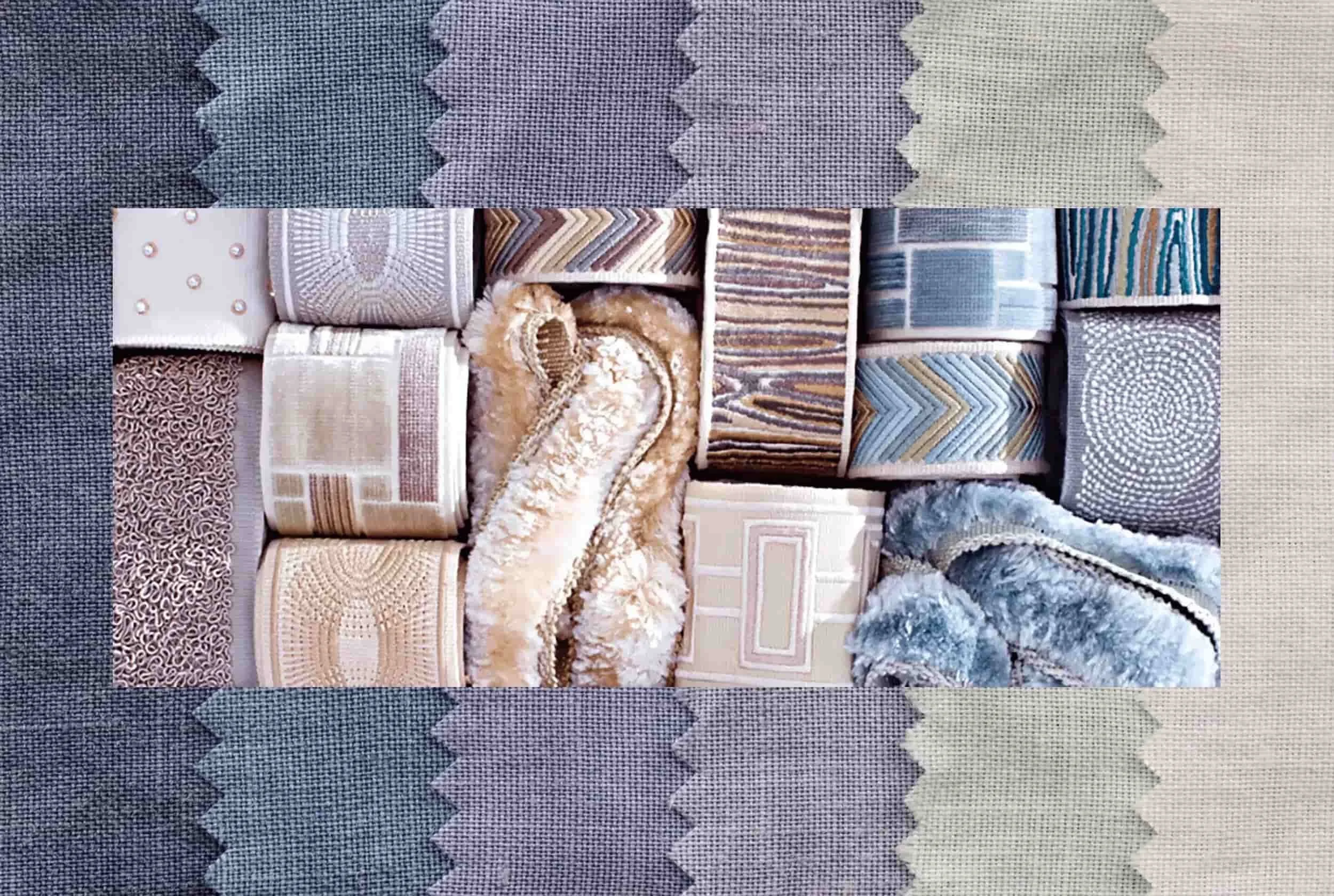 Colorful patterned trims over fabric samples