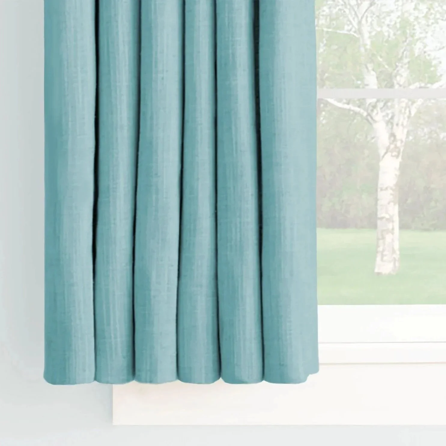 Light teal linen sill length drapery panel