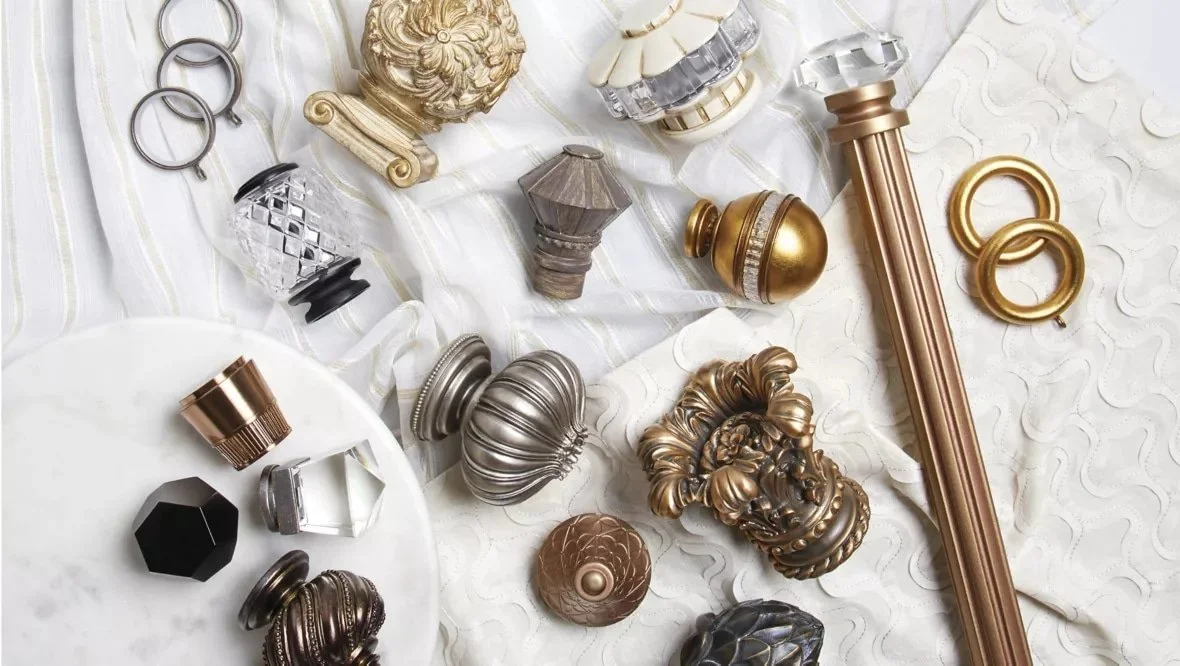 Designer drapery hardware components available from our vendors