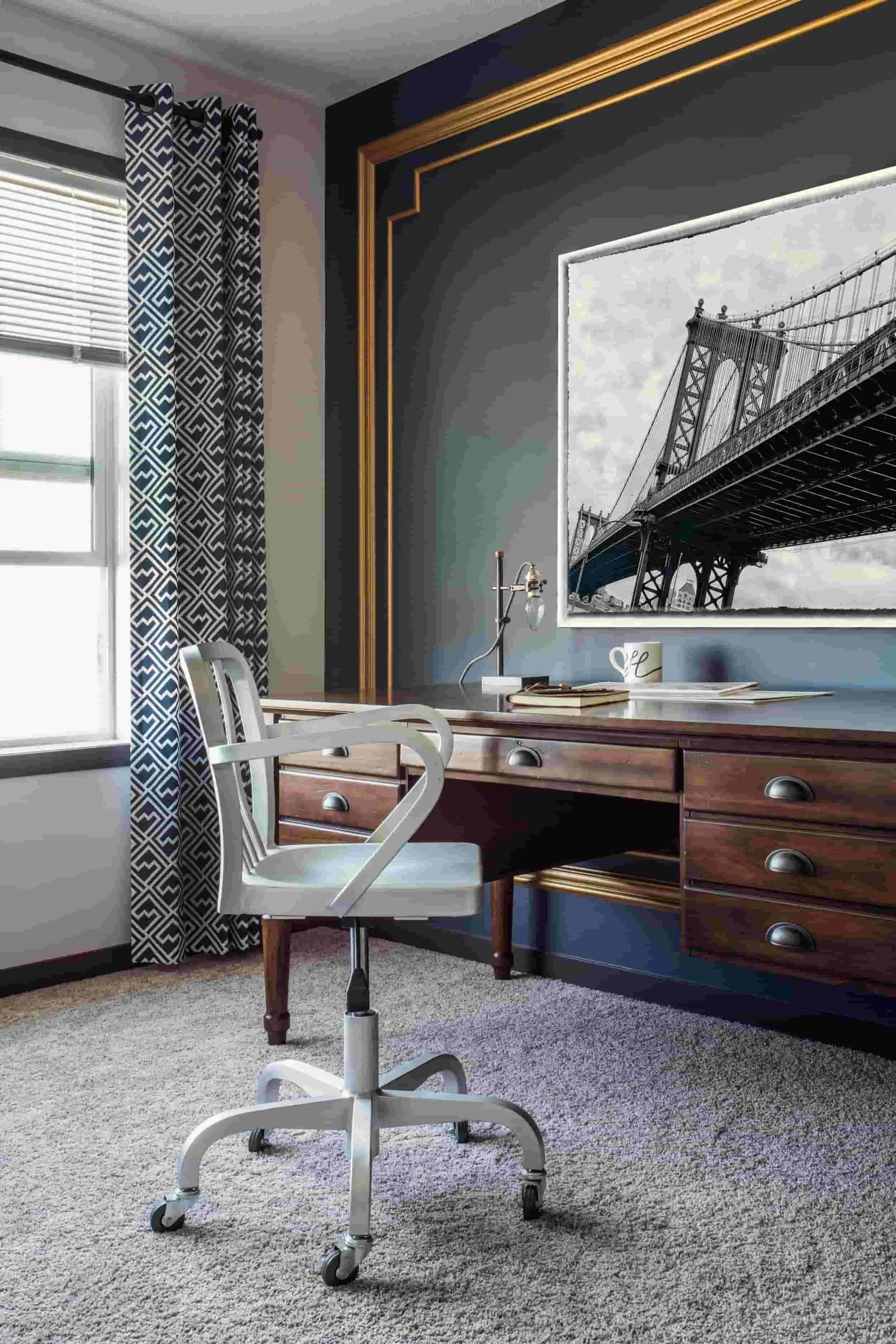 Custom grommet draperies in a geometric pattern