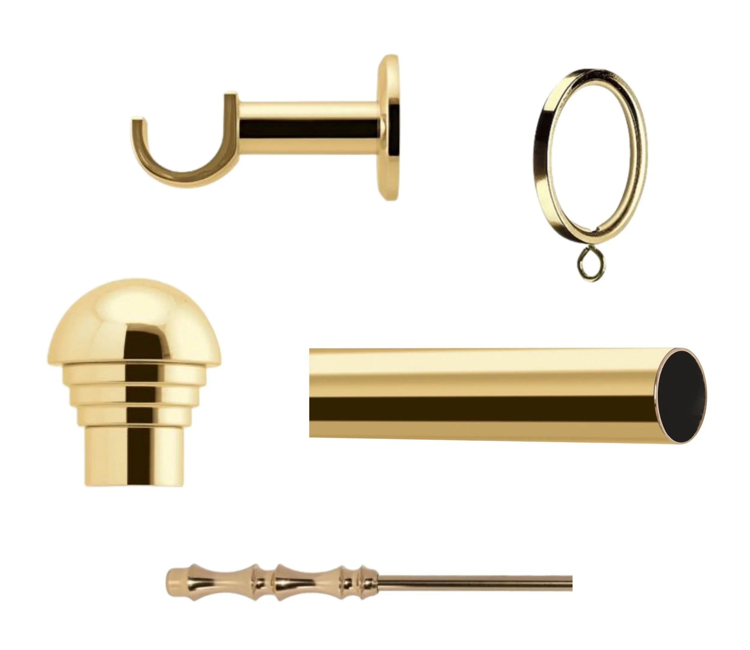 Vesta brass drapery hardware components from rod and ring to finial and wand