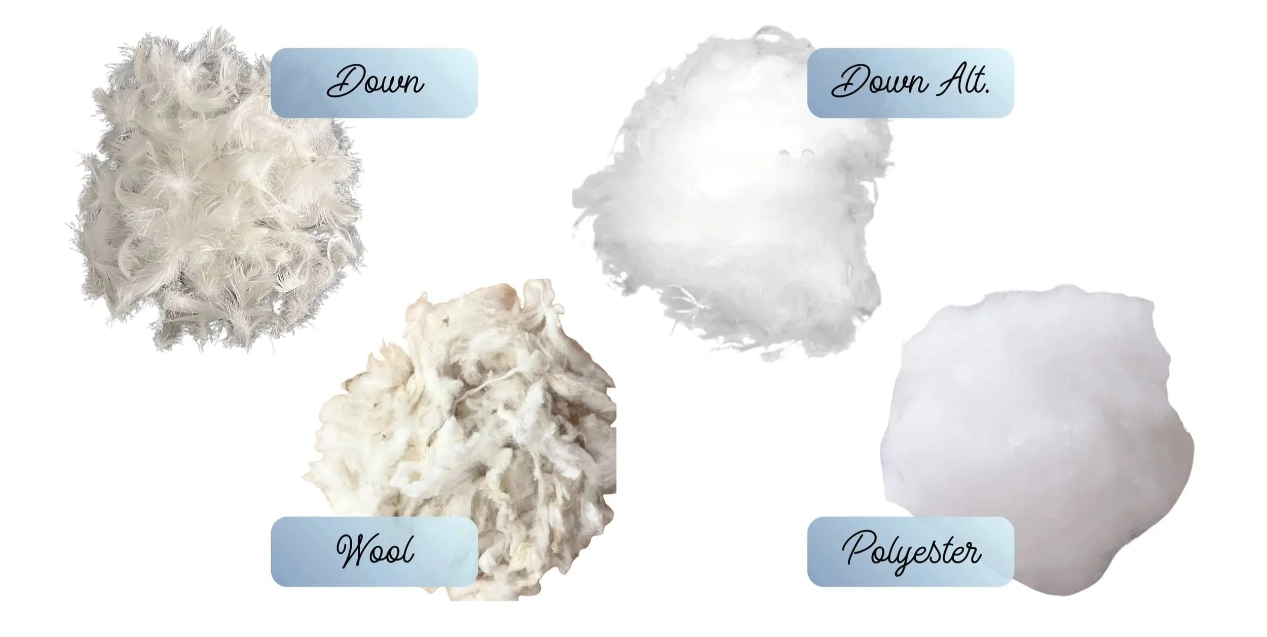 Custom pillow filling options: down, down alternative, wool, and polyester