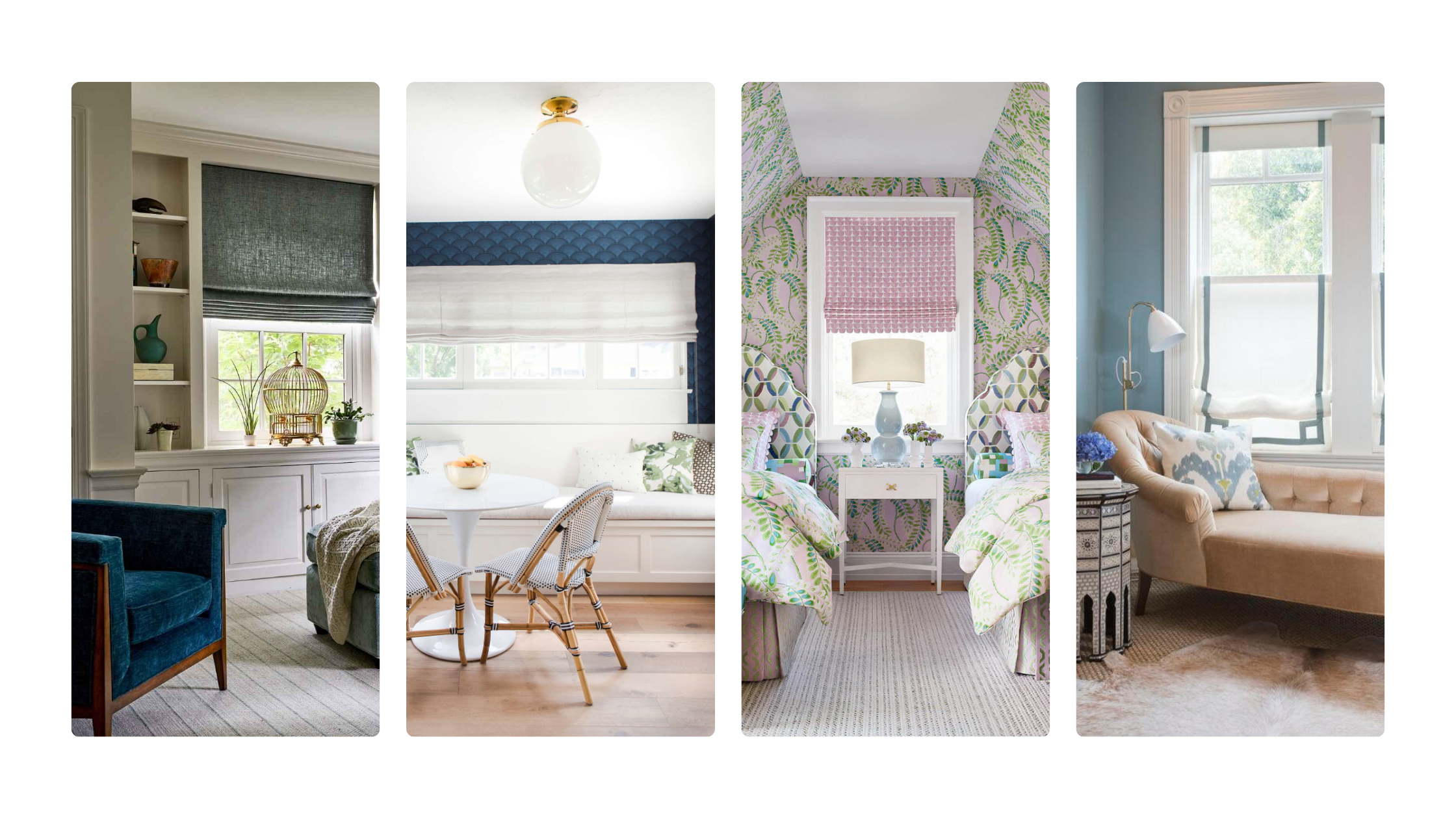 Four types of shades in varying locations of a residence: living space, dining space, bedroom, and office.