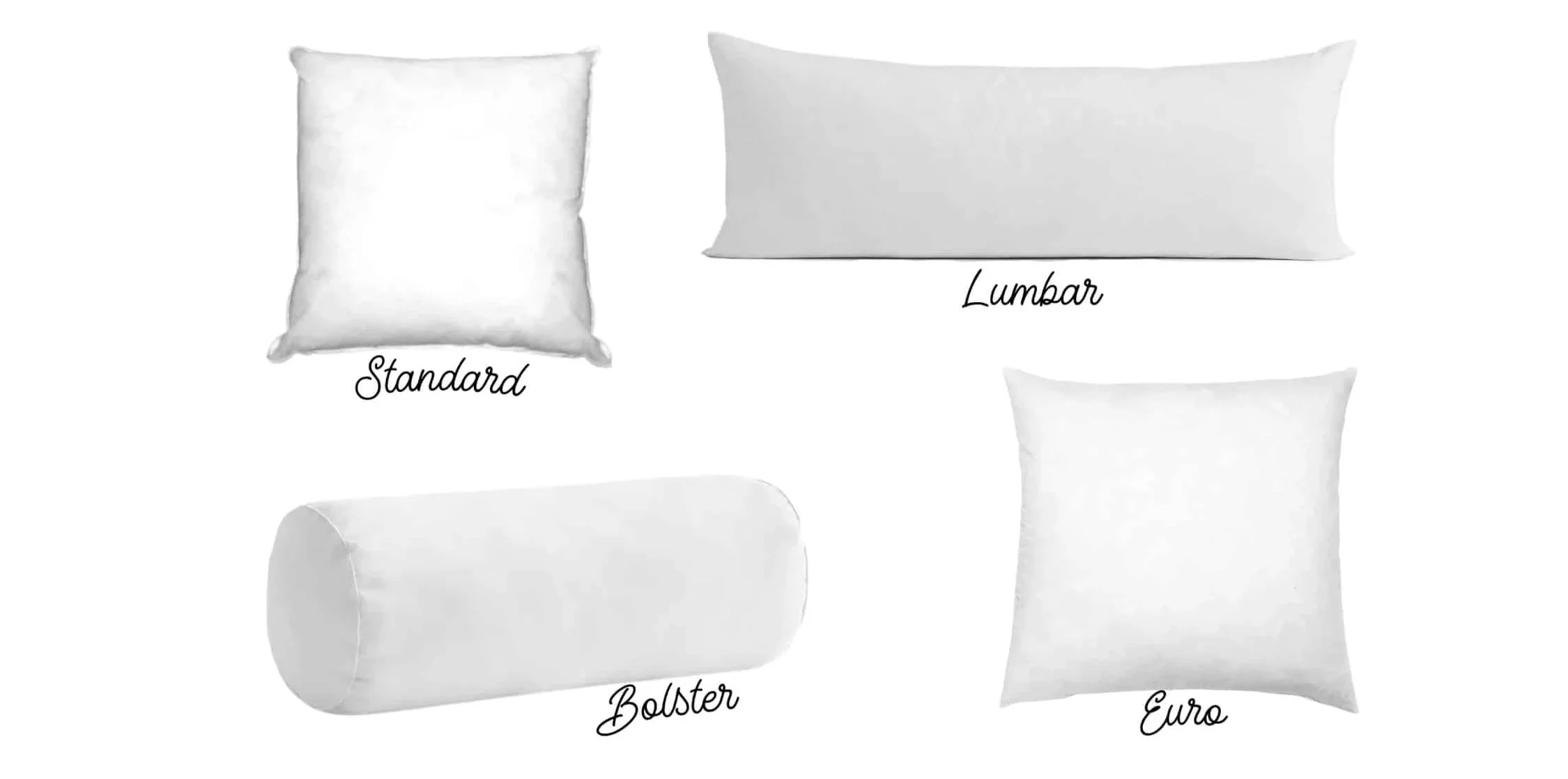 Four primary pillow sizes and types: standard, lumbar, bolster, and Euro