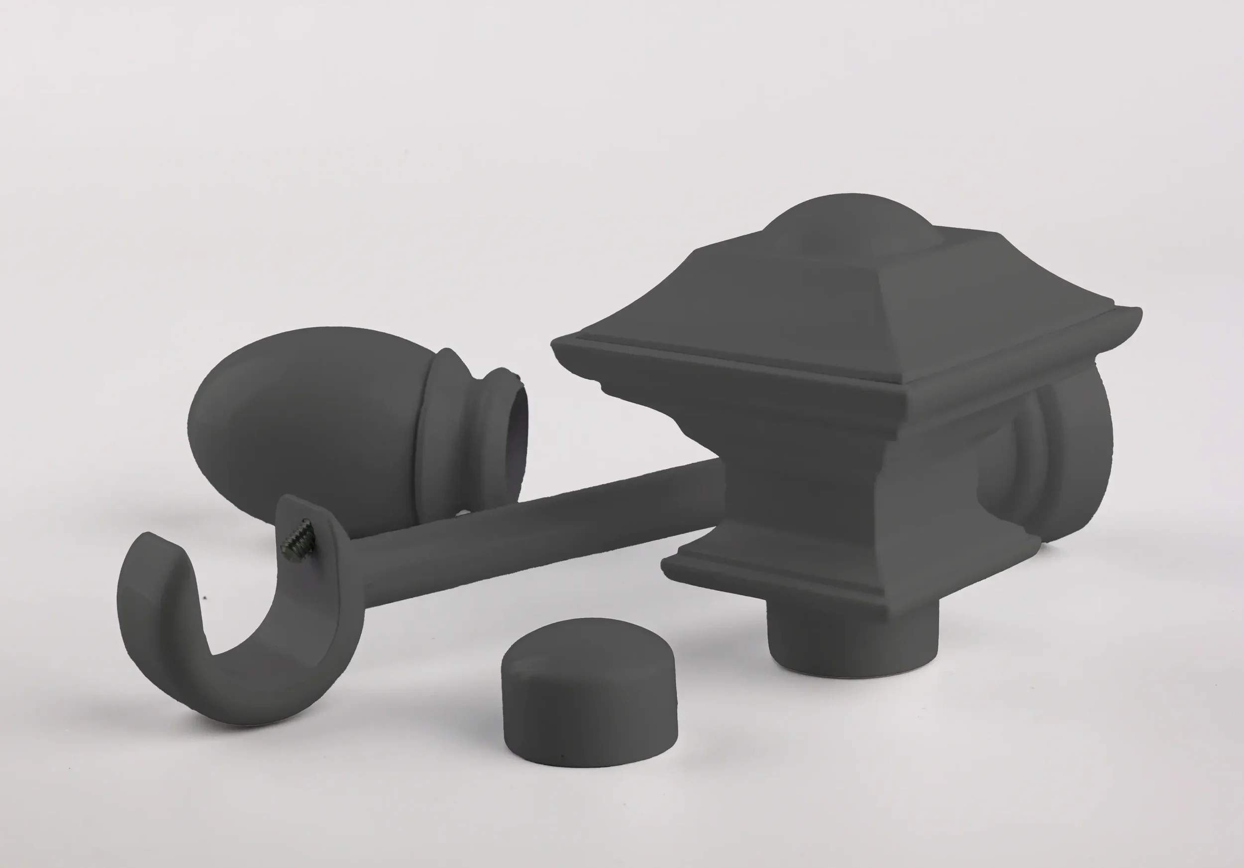 Black custom drapery hardware components