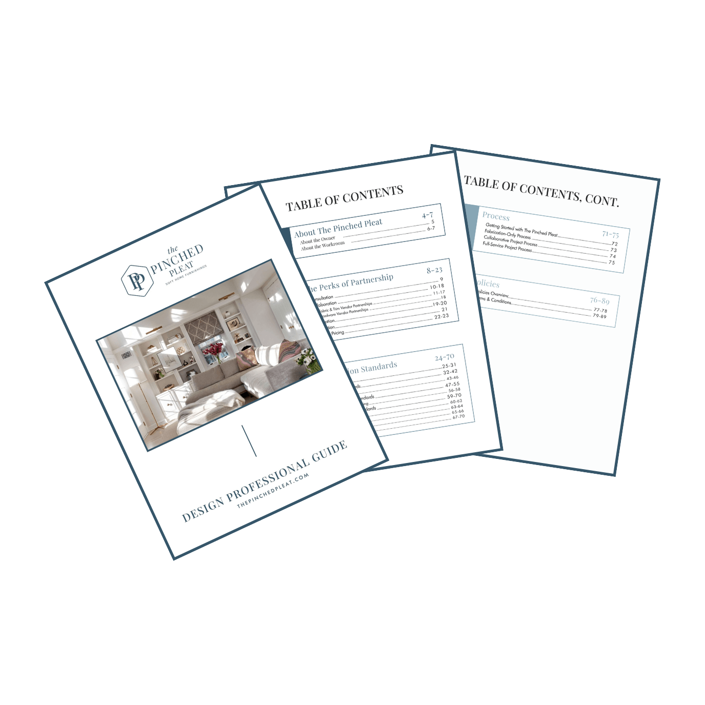 Graphic of the first three pages of The Pinched Pleat's Design Professional Guide