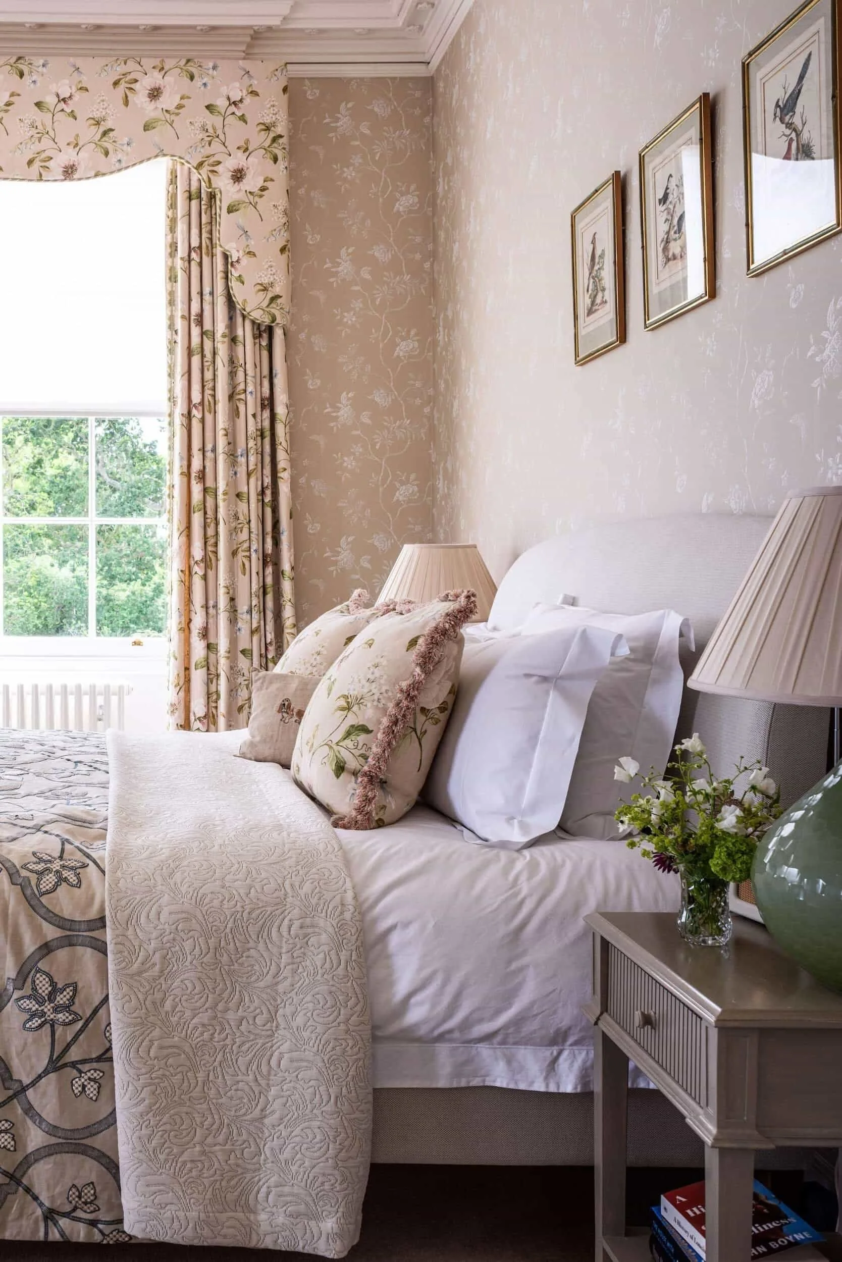 Floral custom lambrequin draperies and shade in a designer bedroom