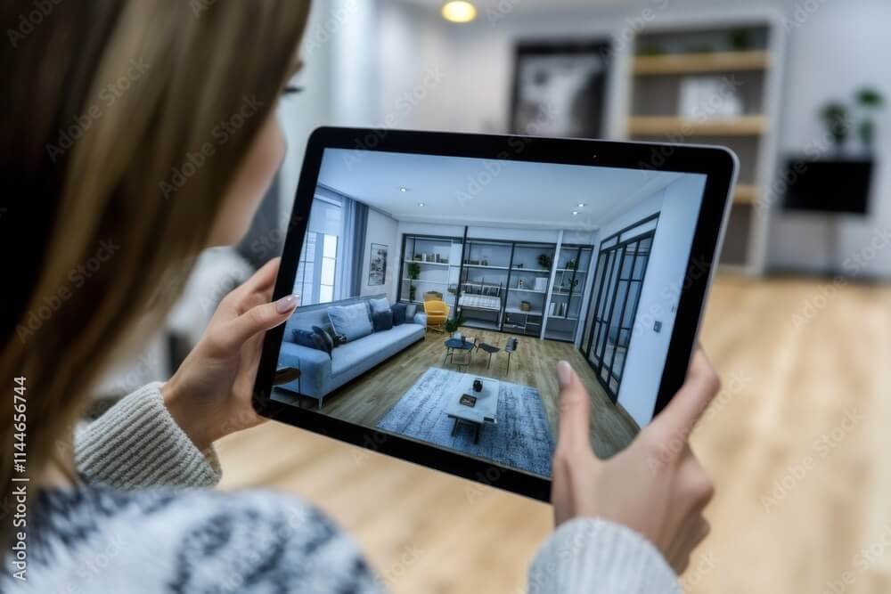 Detailed design rendering of living room with custom drapes on an ipad