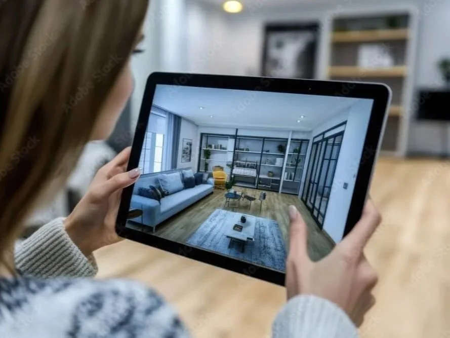 Detailed design rendering of living room with custom drapes on an ipad