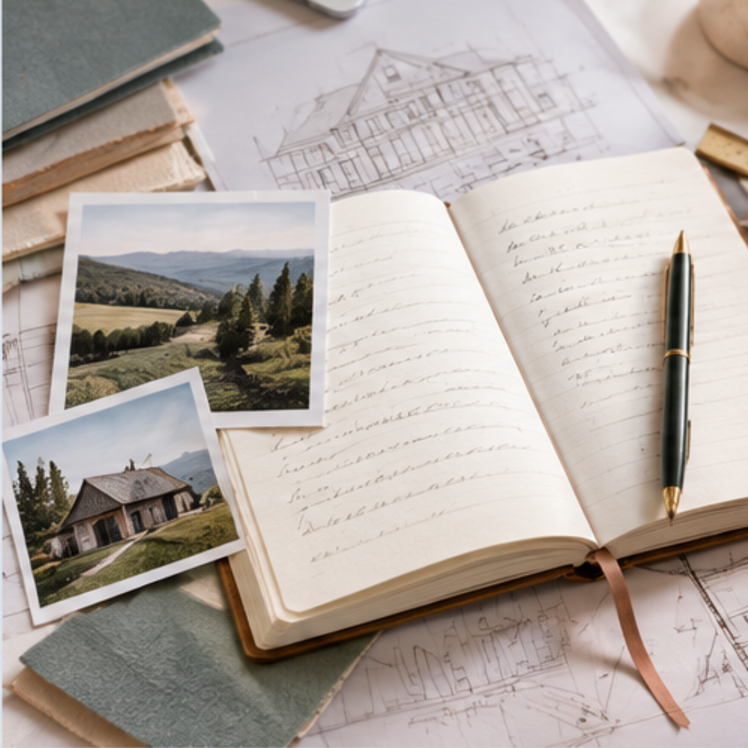 Open journal layered over architectural sketches and photographs representing honest stories, meaningful dreams, and building a life with intention.