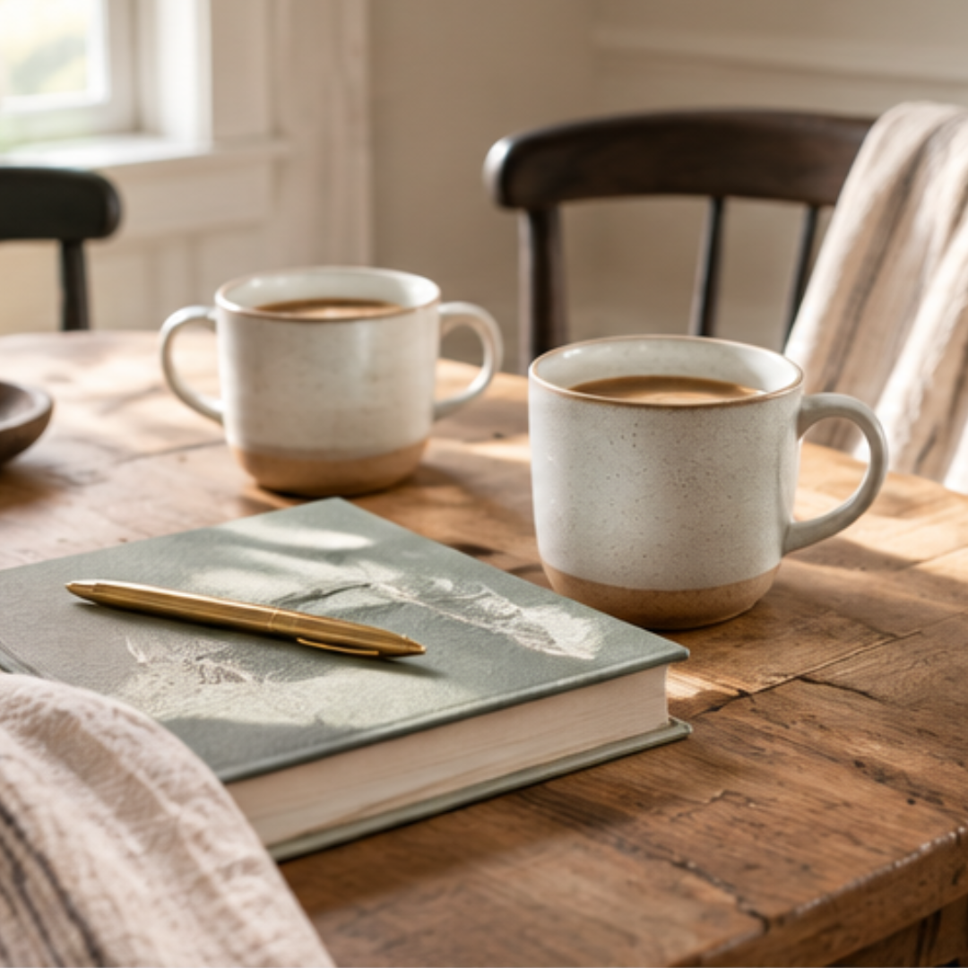 Two coffee mugs and a journal at a quiet table representing meaningful conversations, finding your voice, and self-trust.