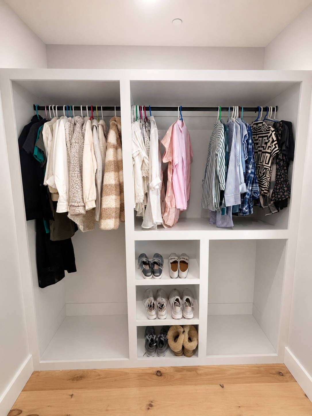 Custom walk in closet, with shoe rack.