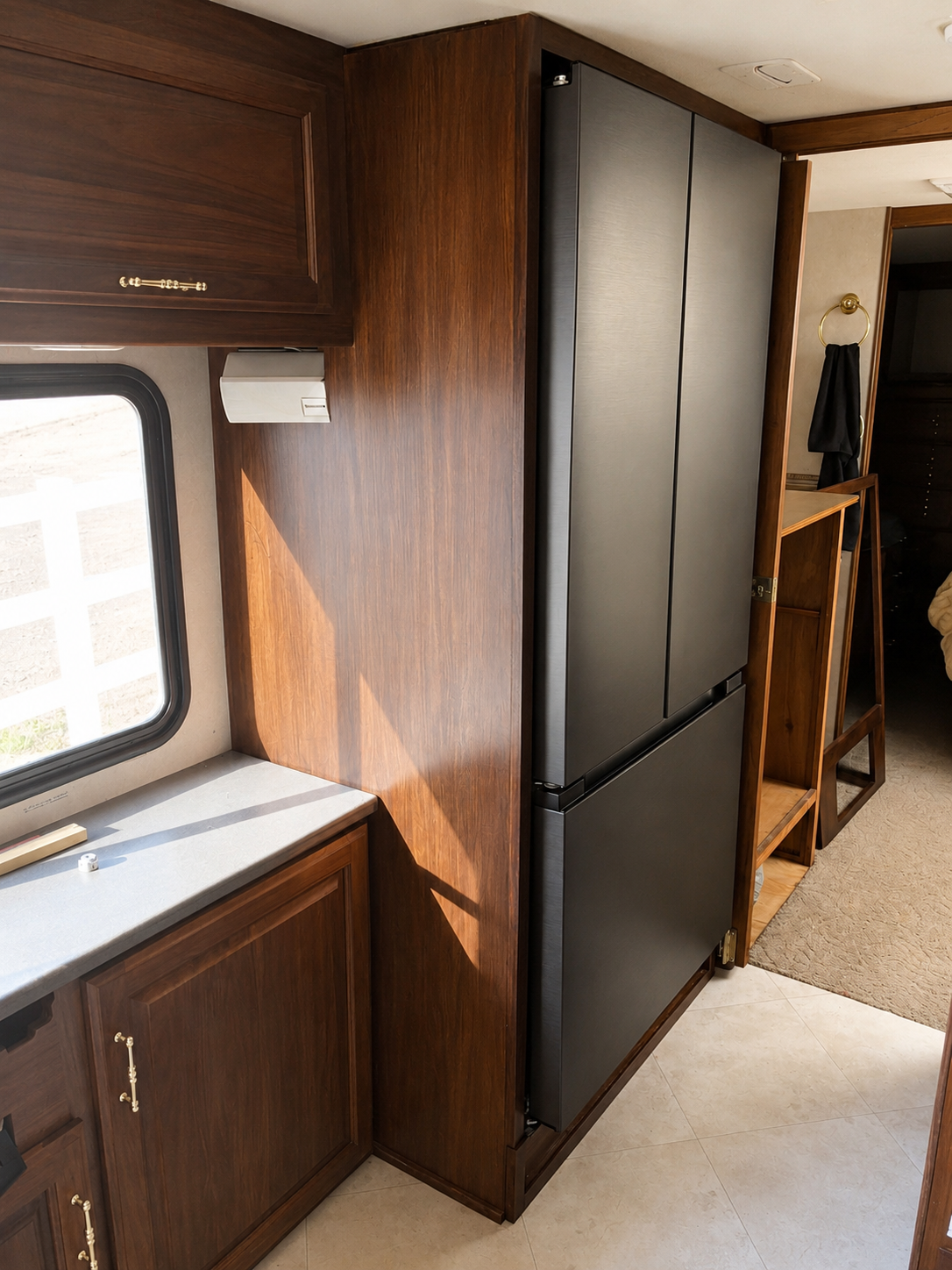 Custom RV fridge enclosure, to match existing cabinets.