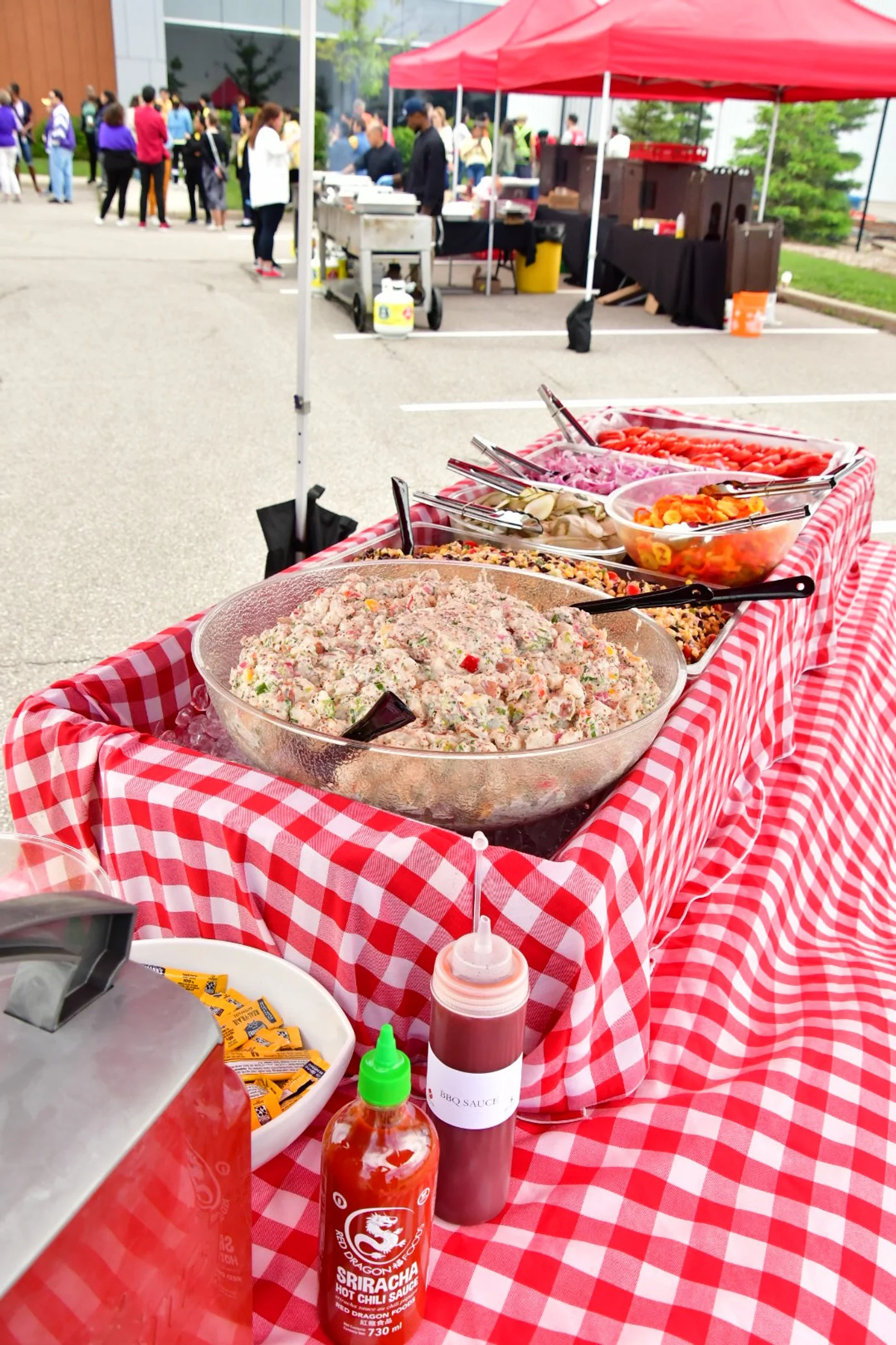 Outdoor buffet table with various salads and condiments, set with a red and white checkered tablecloth, at a crowded event with people gathering in the background under red tents.