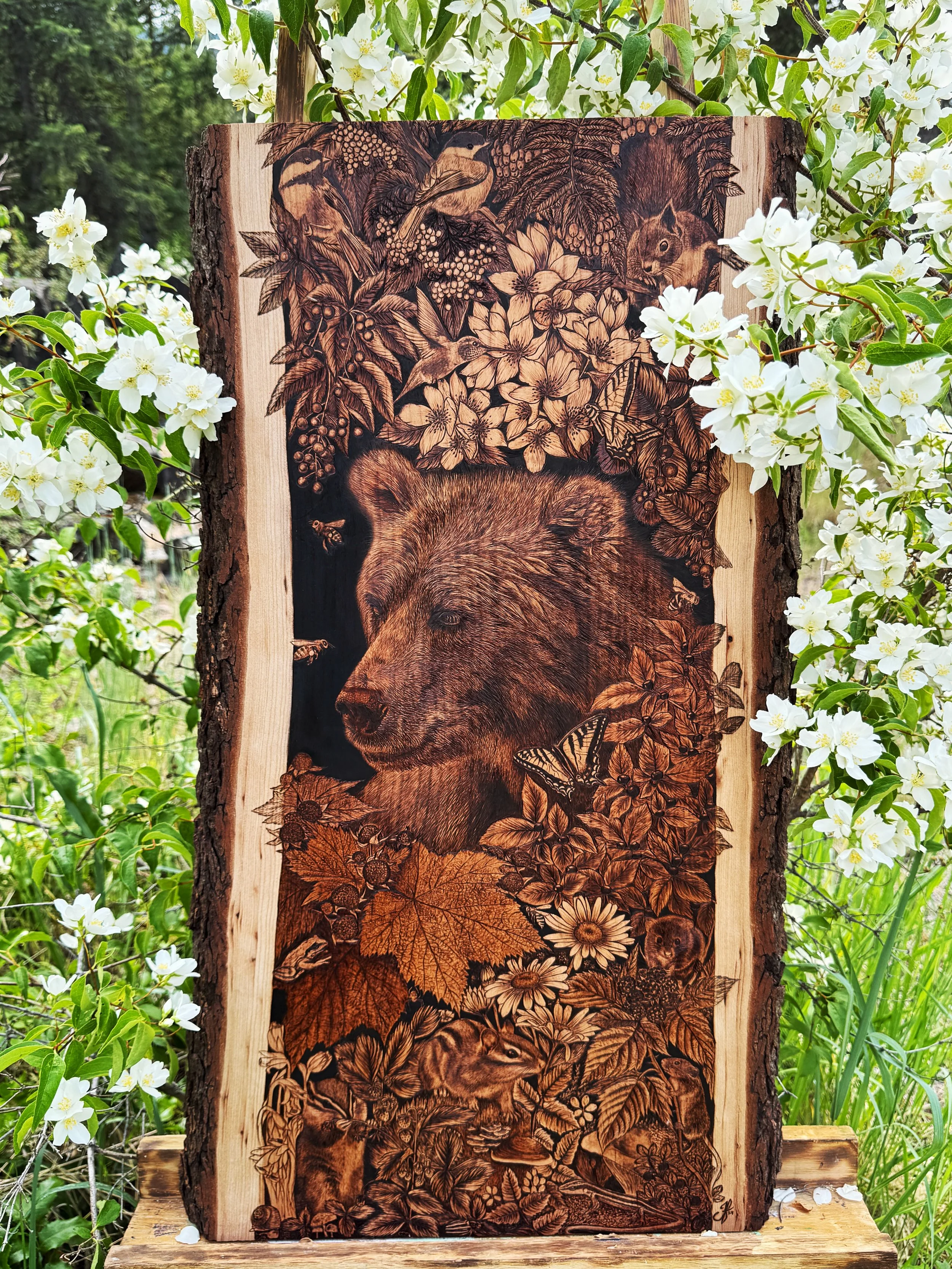 'Beary Season' among the Lewis Mock Orange blossoms featured on the piece.