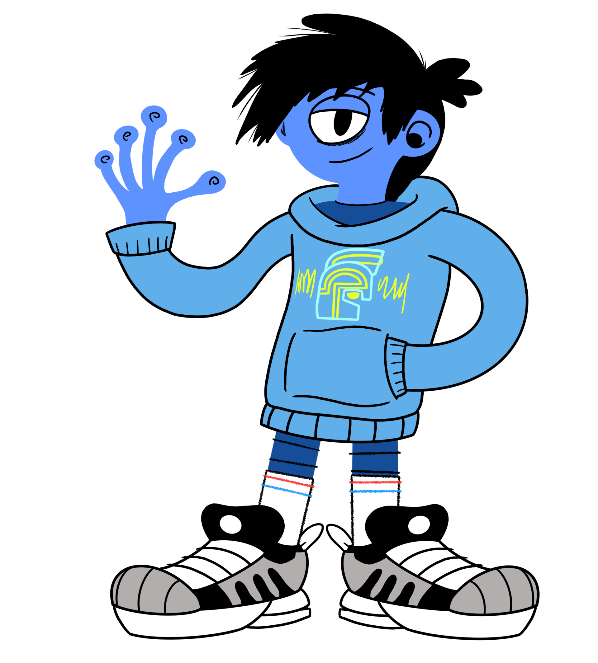 A blue cartoon boy with a mischievous expression, wearing a hoodie with a neon design, striped socks, and sneakers, holding a glowing purple and pink object.