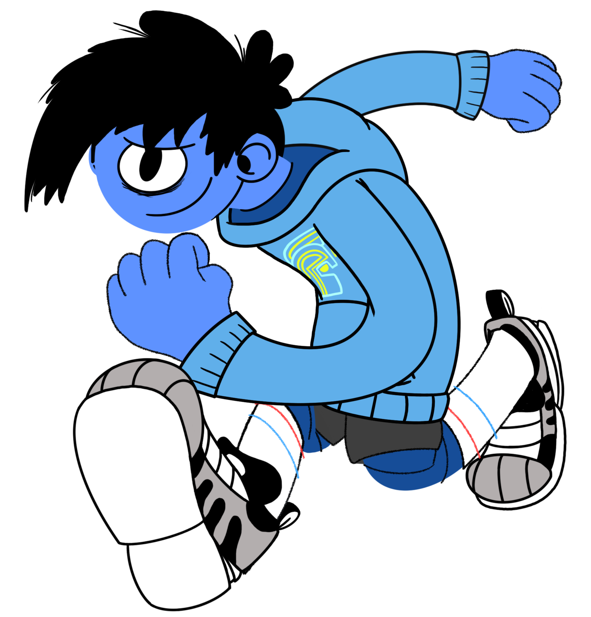 Cartoon of a blue-skinned character with black hair, kneeling and looking determined. The character is wearing a blue hoodie, black shorts, white sneakers with black accents, and white socks with red and blue stripes.
