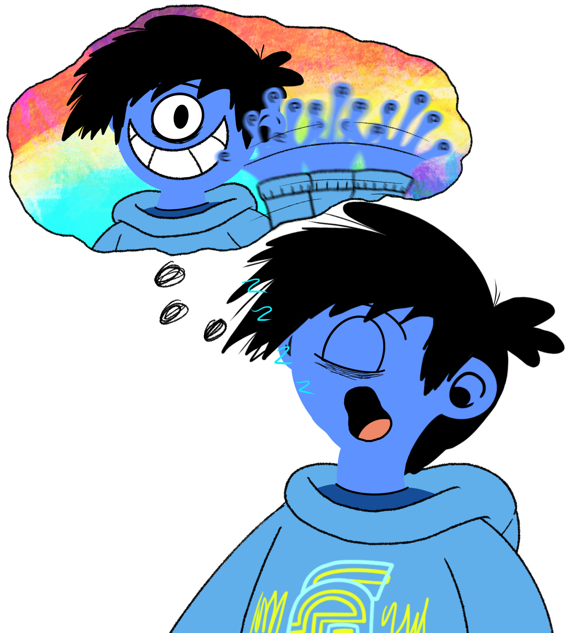 Comic-style illustration of a blue-skinned boy with black hair, wearing a blue hoodie with a colorful maze design, depicted in two panels—one smiling with rainbow-colored background, one sleeping with closed eyes.