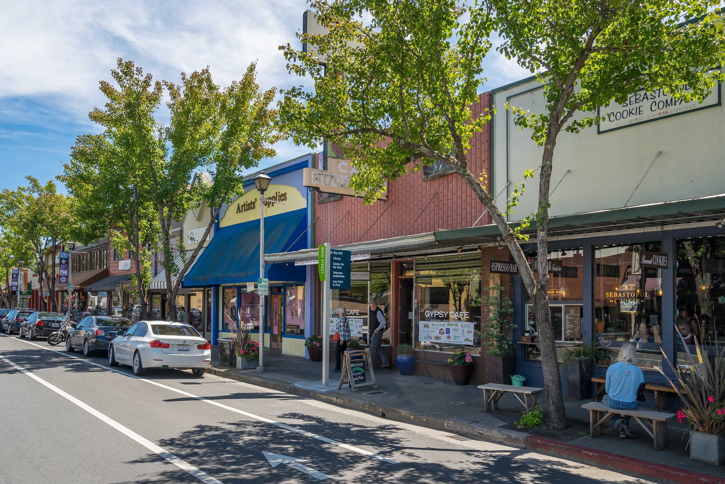 A street lined with trees and small shops with parked cars along the curb, bright sunlight, and a partly cloudy blue sky.