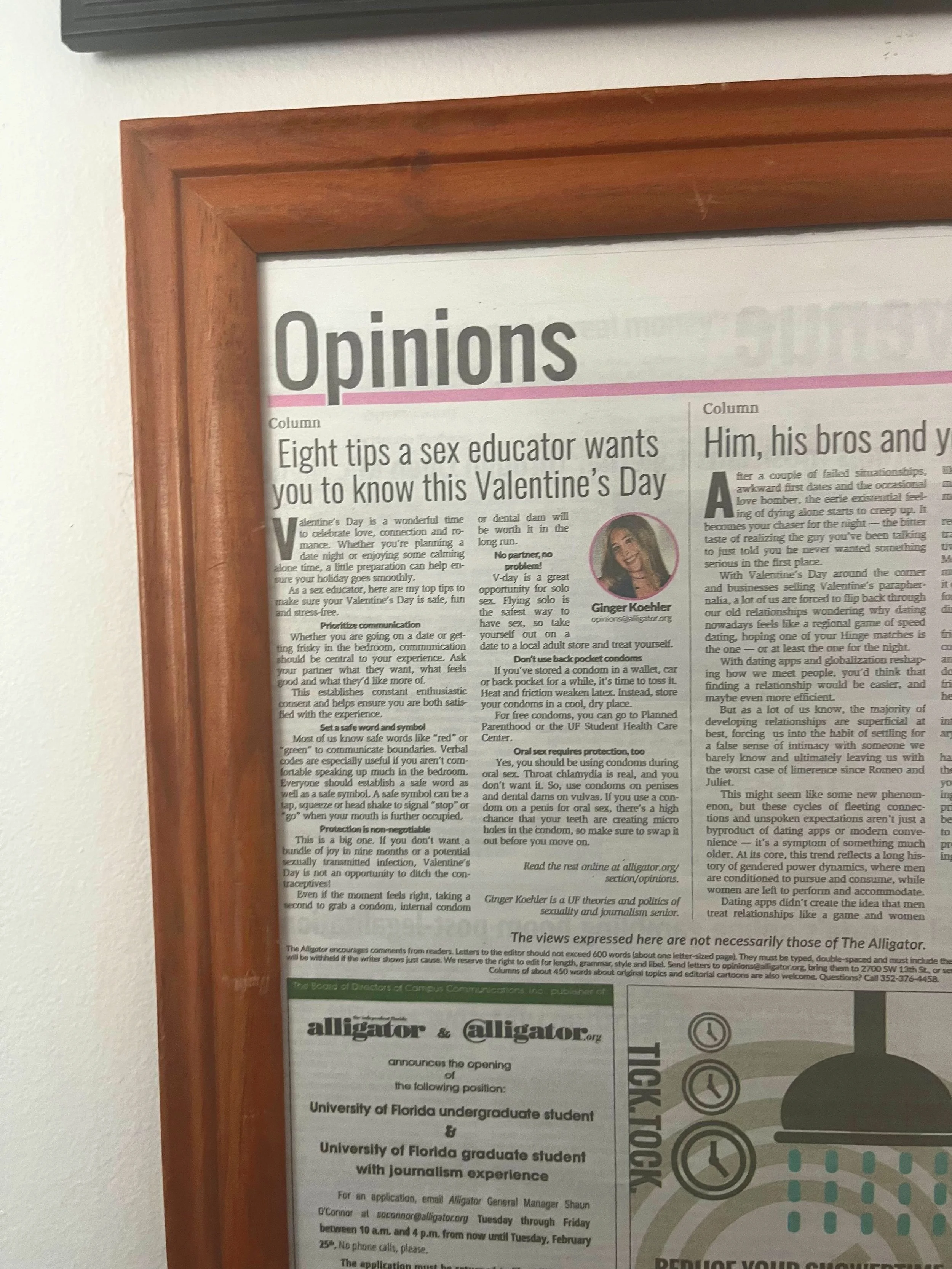 Newspaper clipping showing opinion column and job announcement, framed in wood, titled 'Opinions' with article about Valentine's Day tips at the University of Florida.