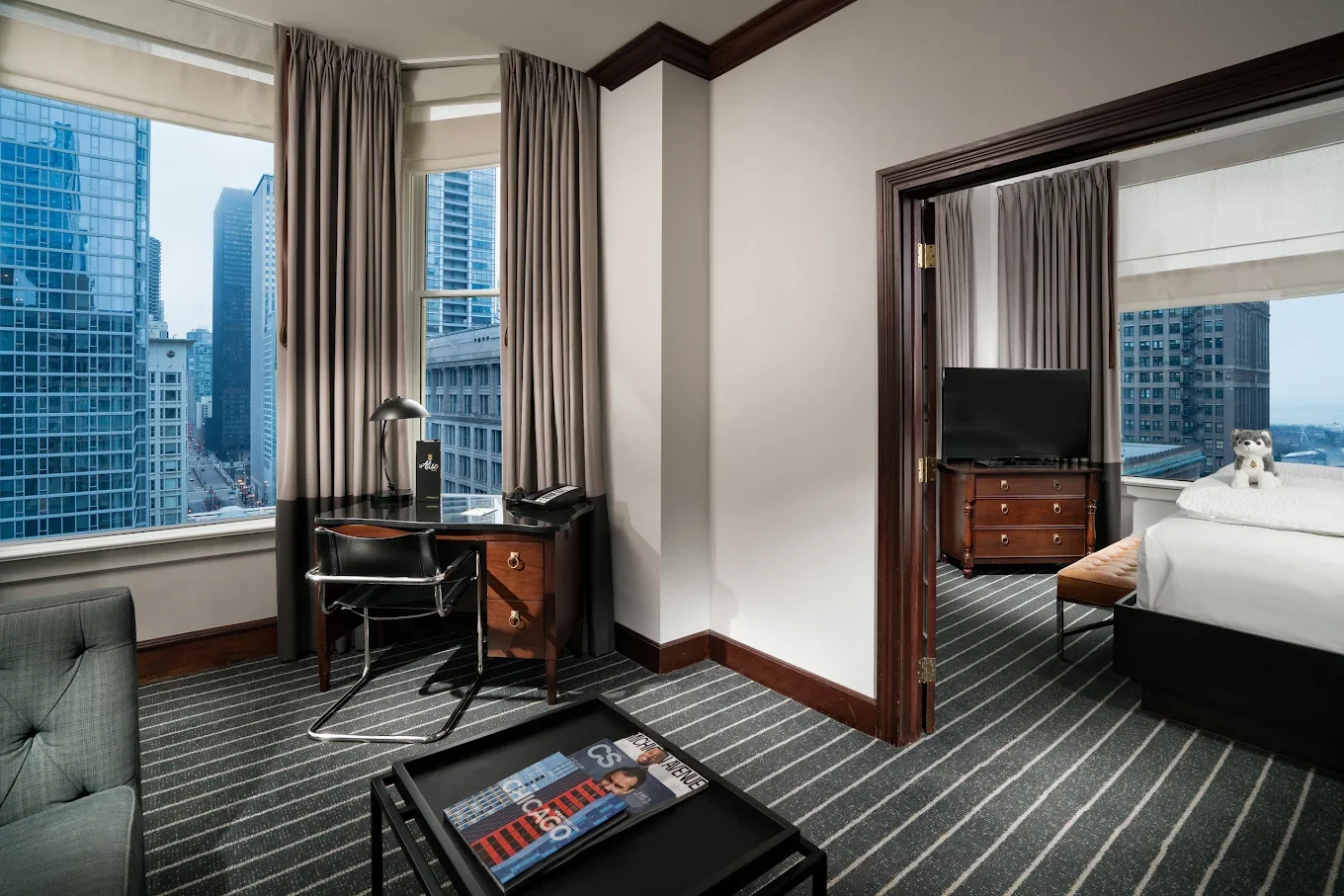 The Alise Chicago-1504-Millennium Park View King Suite-Bedroom and Sitting Area.webp