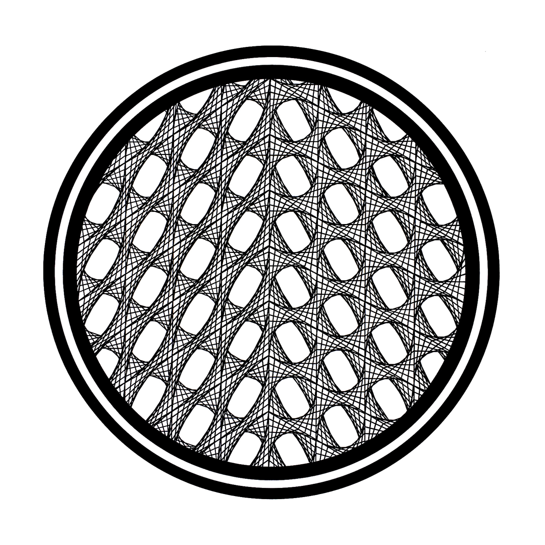 Black and white geometric pattern with interconnected lines inside a circular border.