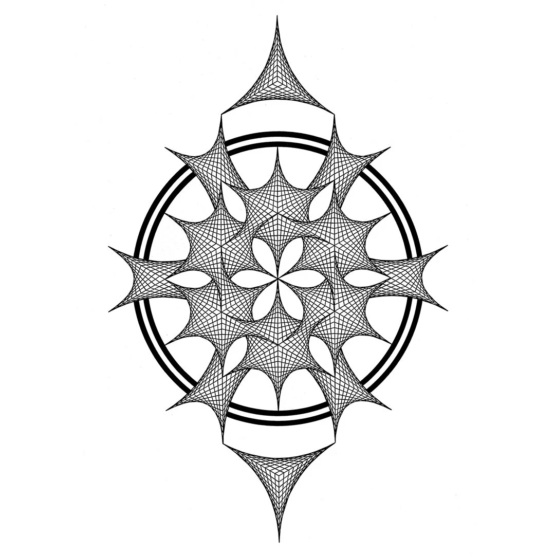 Intricate black and white geometric pattern with symmetrical star-like shapes and circular elements.