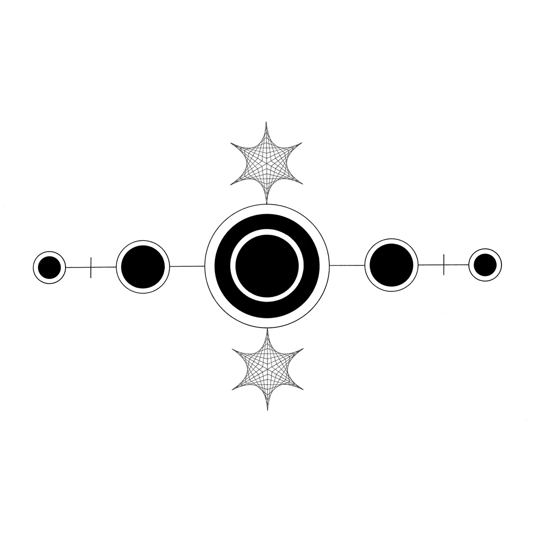 Black and white graphic with a large circle surrounded by two smaller circles, two spider webs, and straight lines connecting the circles.