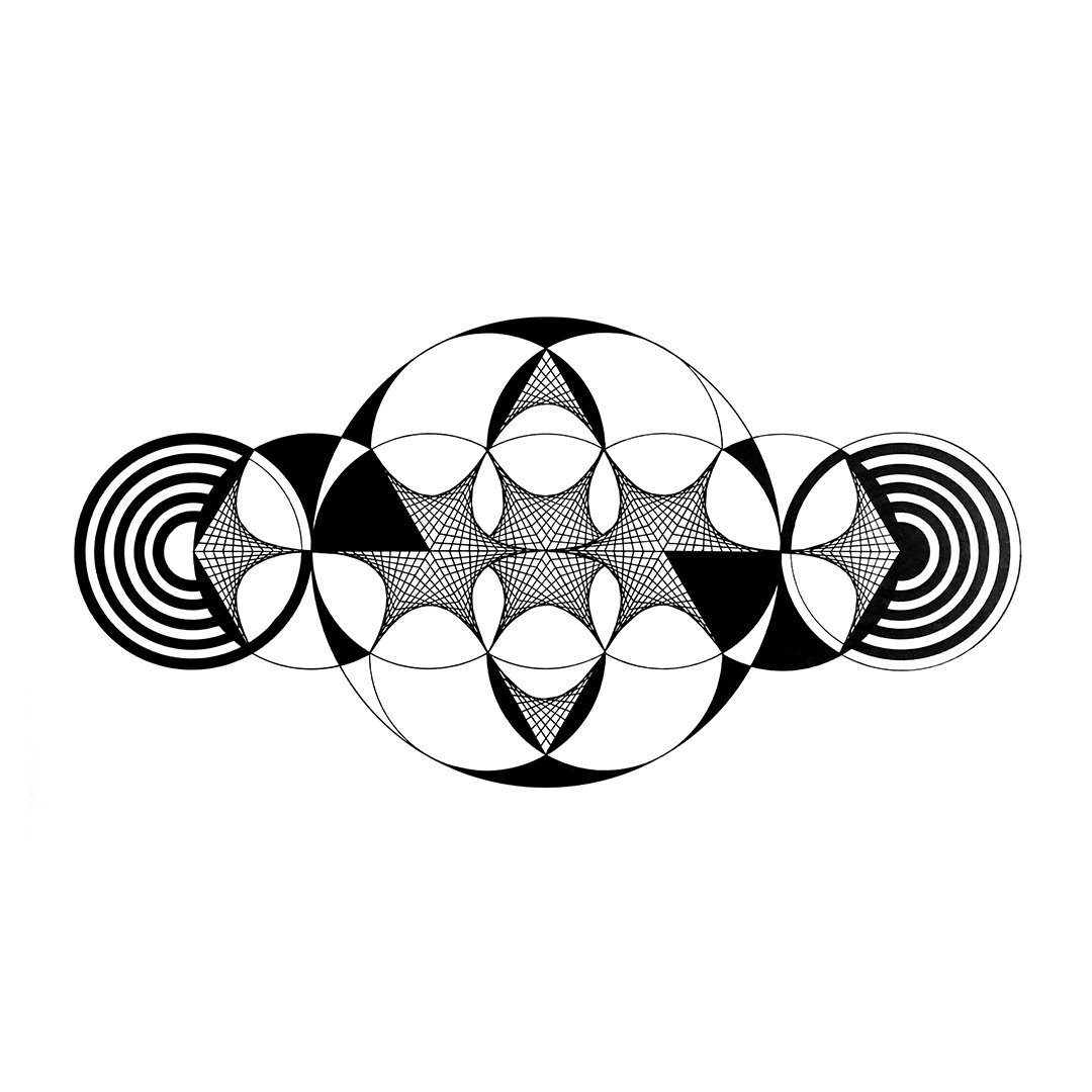 Black and white geometric abstract pattern with interconnected circles, star shapes, and concentric circle designs.
