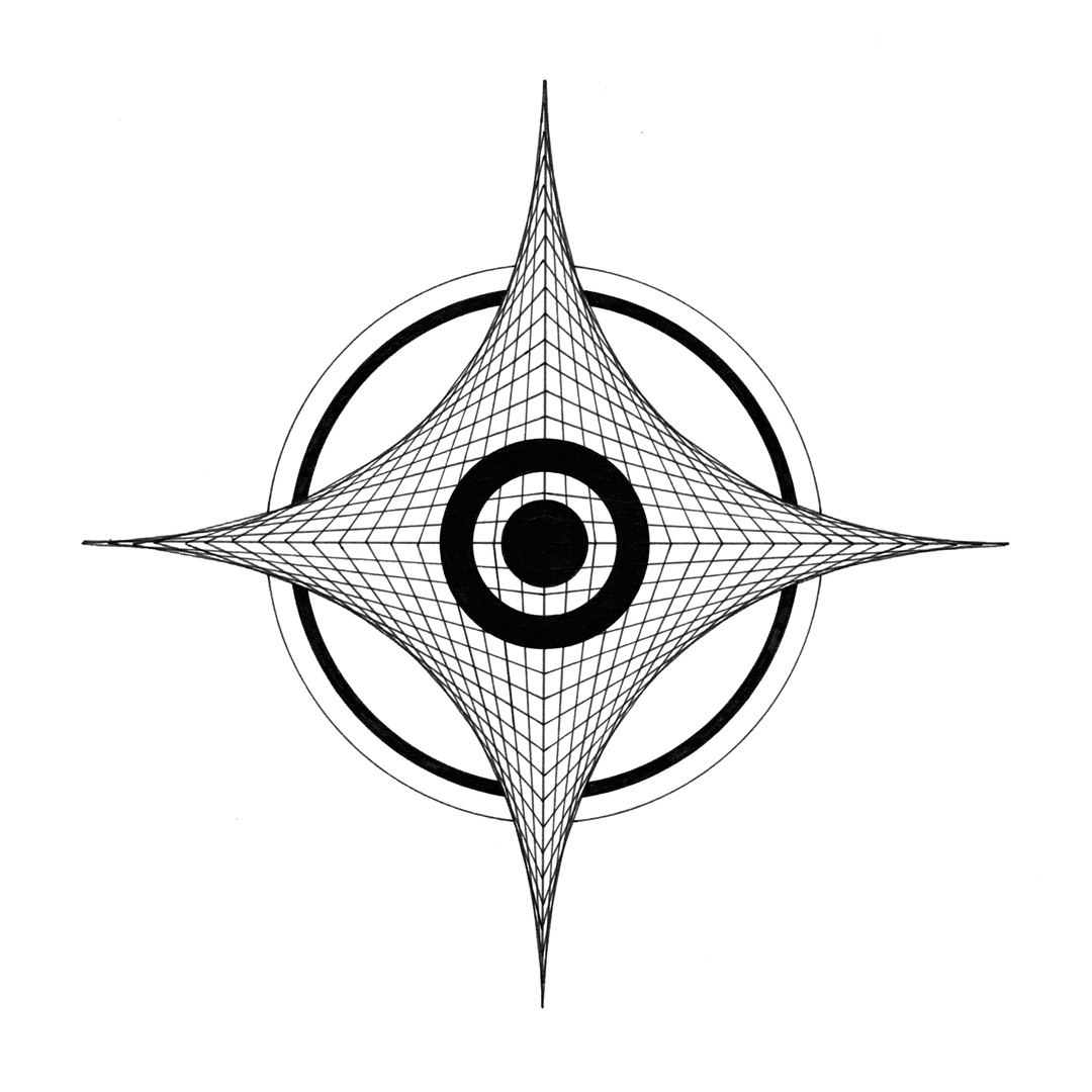 A black and white geometric design featuring a central circle surrounded by a grid-like conical shape and intersected by a circle in the background.