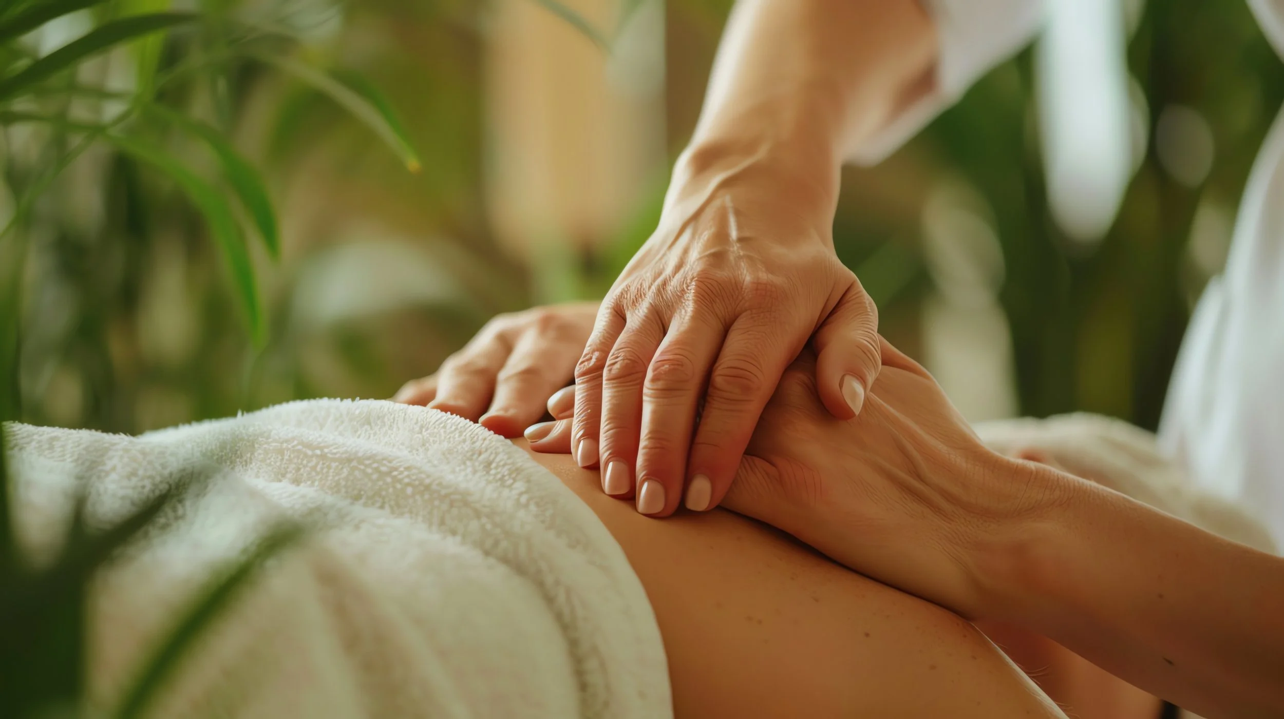 Person receiving a massage on their back with a towel nearby, surrounded by green foliage.