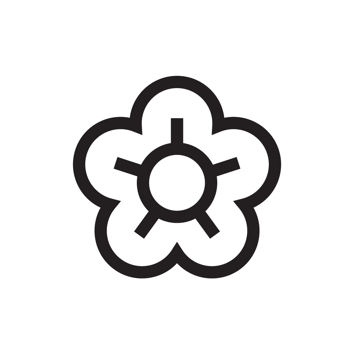Simple black and white flower icon with a gear in the center.