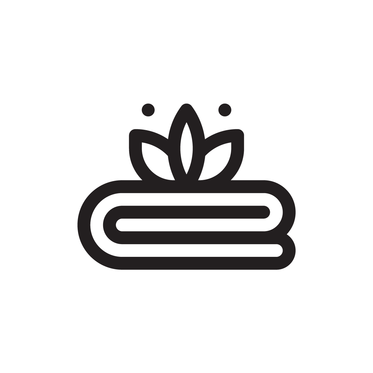 Line drawing of a rolled towel with a flower and two small circles on top.