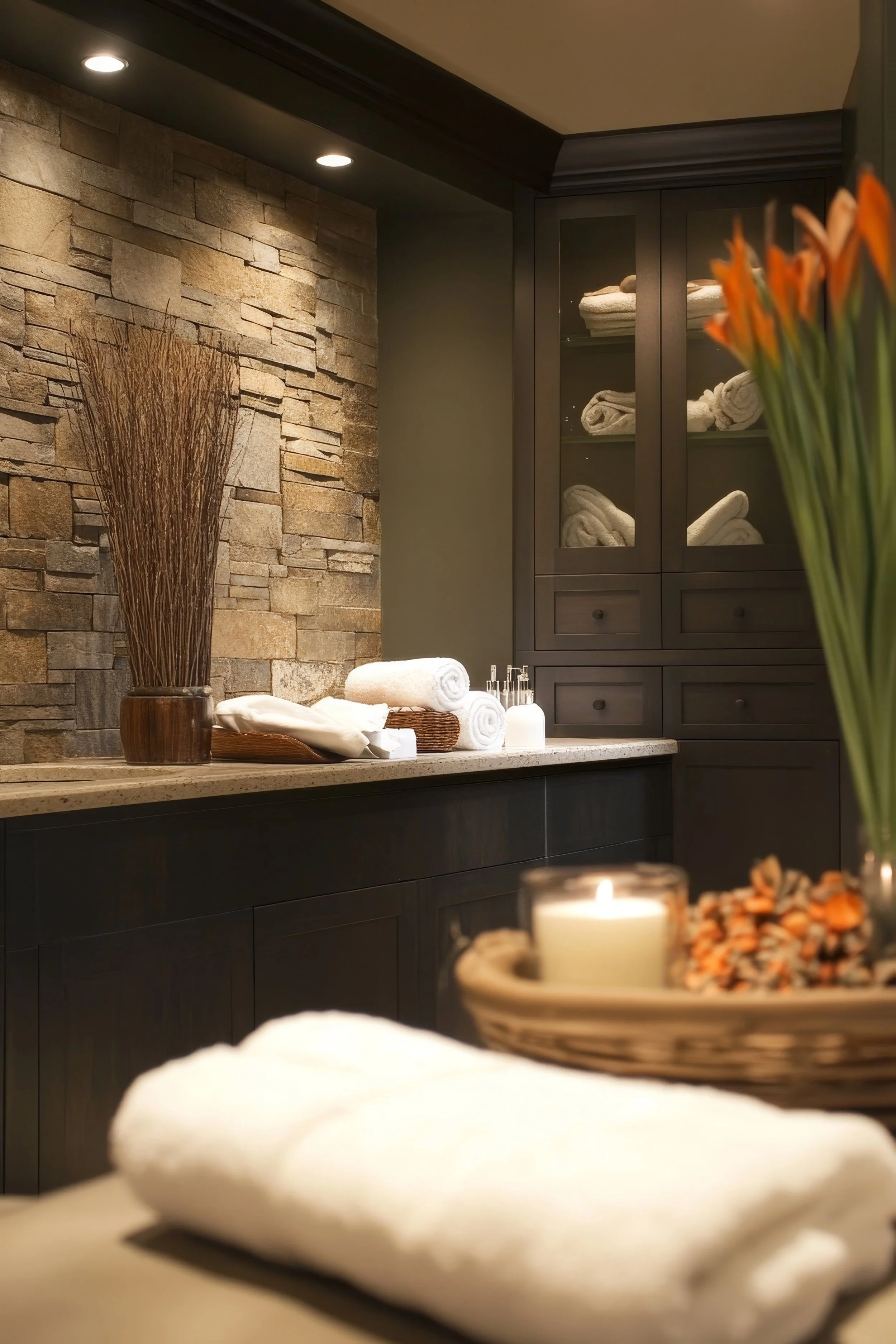 Spa room with a stone accent wall, dark wooden cabinet with rolled towels, lit candles, and decorative dried flowers.