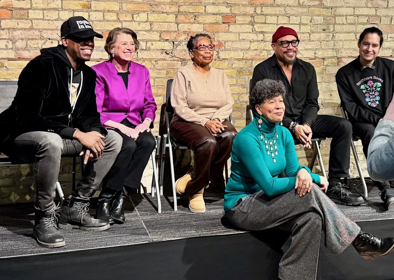 Author presentation at Loft Connect Live! with Loft Literary Center Executive Director Arleta Little (front).