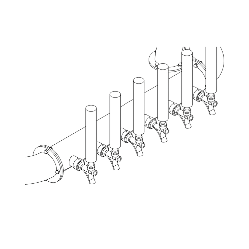 Diagram of a manifold with six valves connected to vertical pipes.
