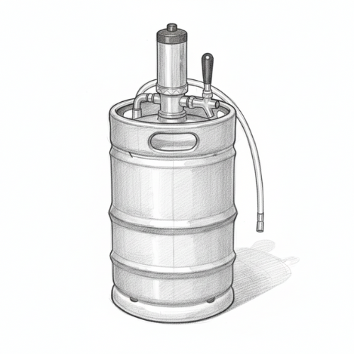 A sketch of a metal keg with a tap and hose attached.