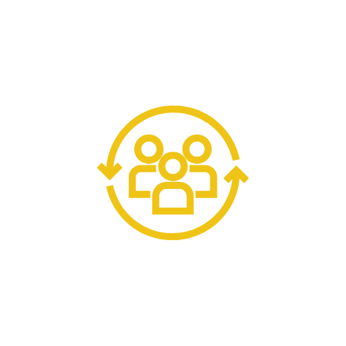 A yellow icon of three people surrounded by a circular arrow, representing teamwork or collaboration.