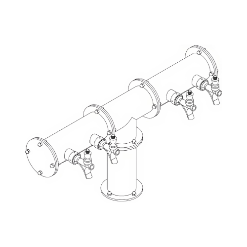 Line drawing of a metal pipe with three taps, connected by fittings, mounted on a vertical pipe with a flange base.
